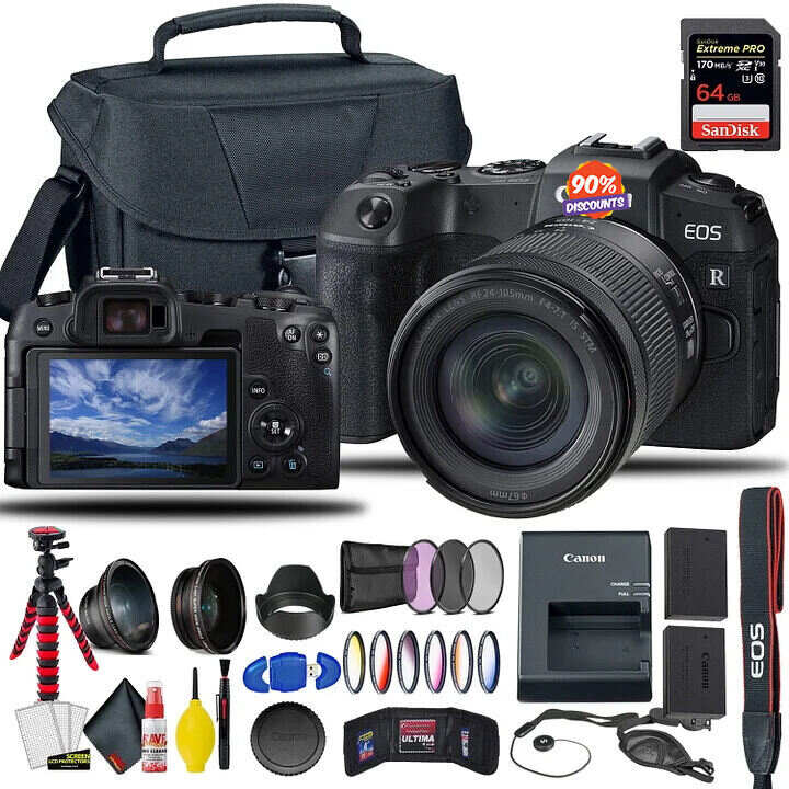 EOS RP Mirrorless Digital Camera with 24-105mm f/4-7.1 Lens + Extra Canon Battery, Creative Filters + EOS Camera Bag + Sandisk Extreme Pro 64GB Card + Cleaning Set, + More