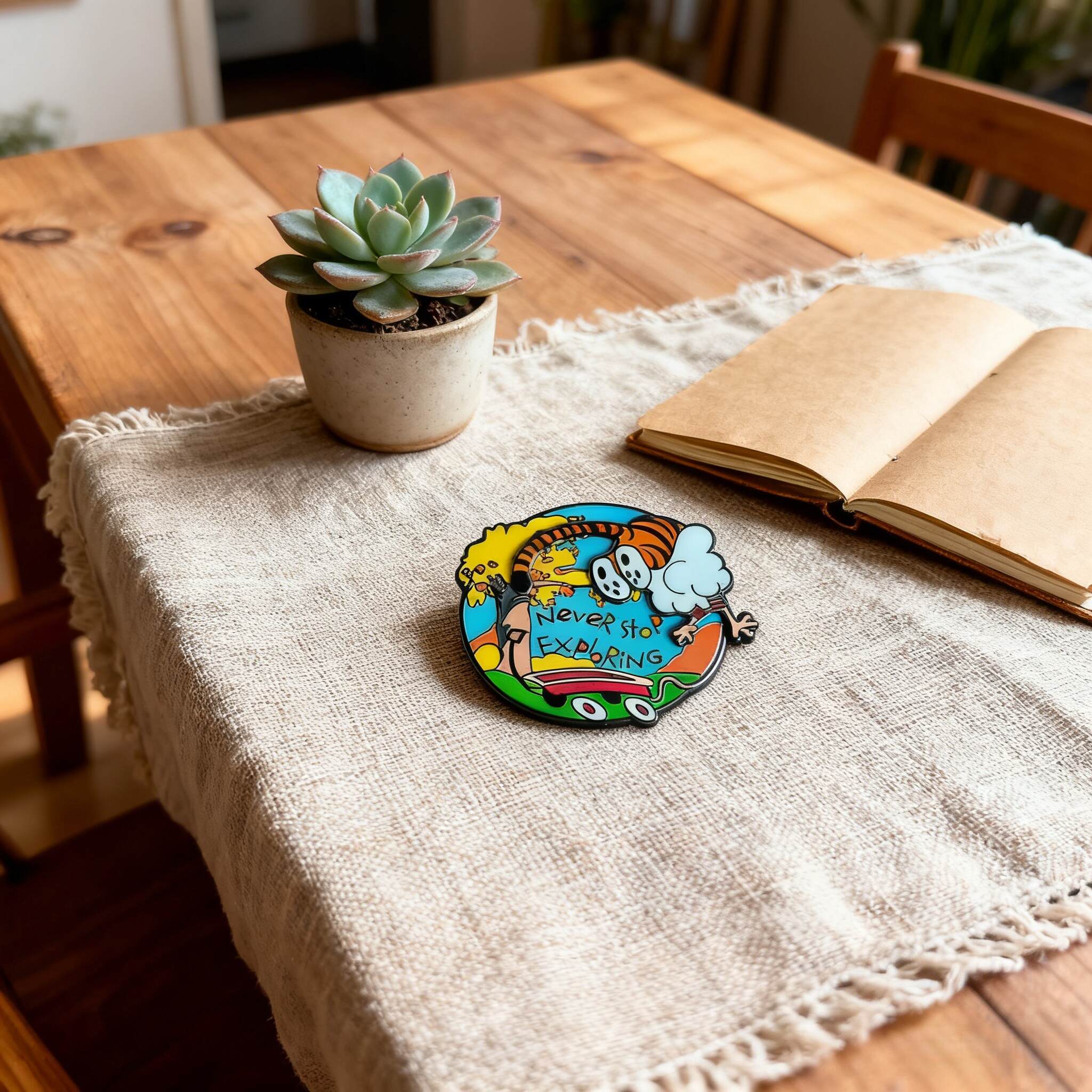 Calvin & Hobbes “Never Stop Exploring” Spinning Pin