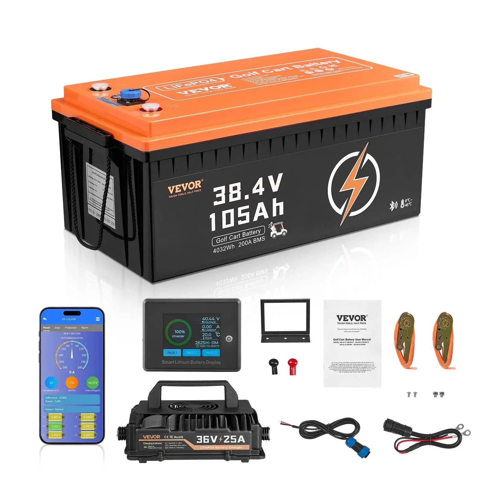 48V（51.2V) 105Ah Golf Cart Lithium Battery,48 Volt Golf Cart Battery with 200A BMS, LCD Monitor and Mobile APP, LiFePO4 Battery with 600A Peak Current, 20A Charger and 4000+ Cycles, for Golf Carts
