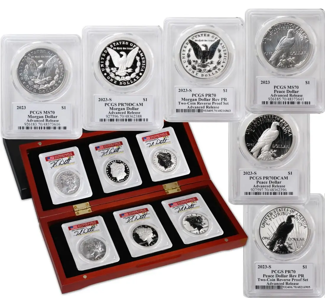2023 6 PC Morgan and Peace Silver Dollars MS70/PF70/ R70 Advance Release PCGS Founders Mark of Distinction Holders Signed by John Dannreuther