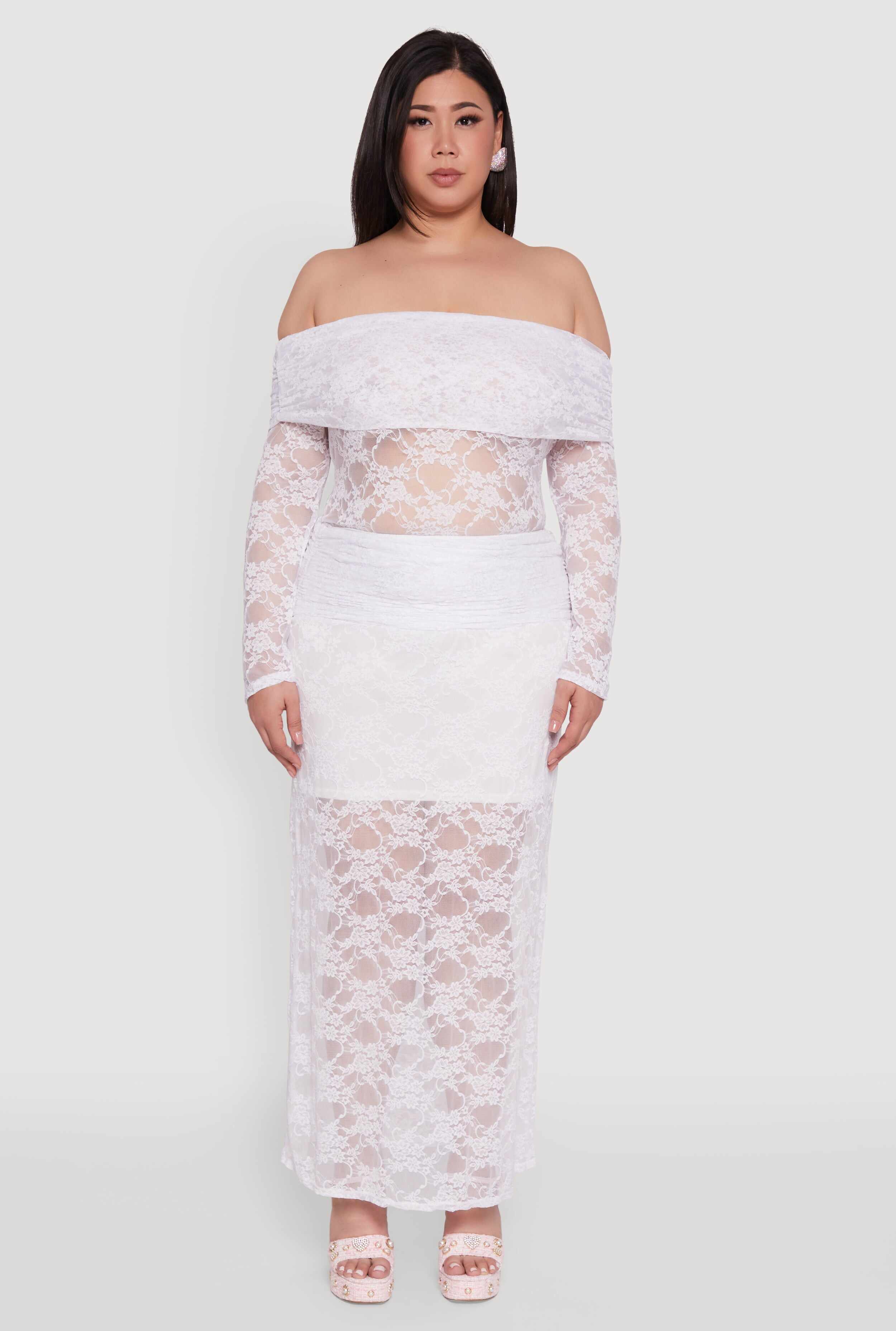Plus Size Lace High Waisted Fold Over Maxi Skirt