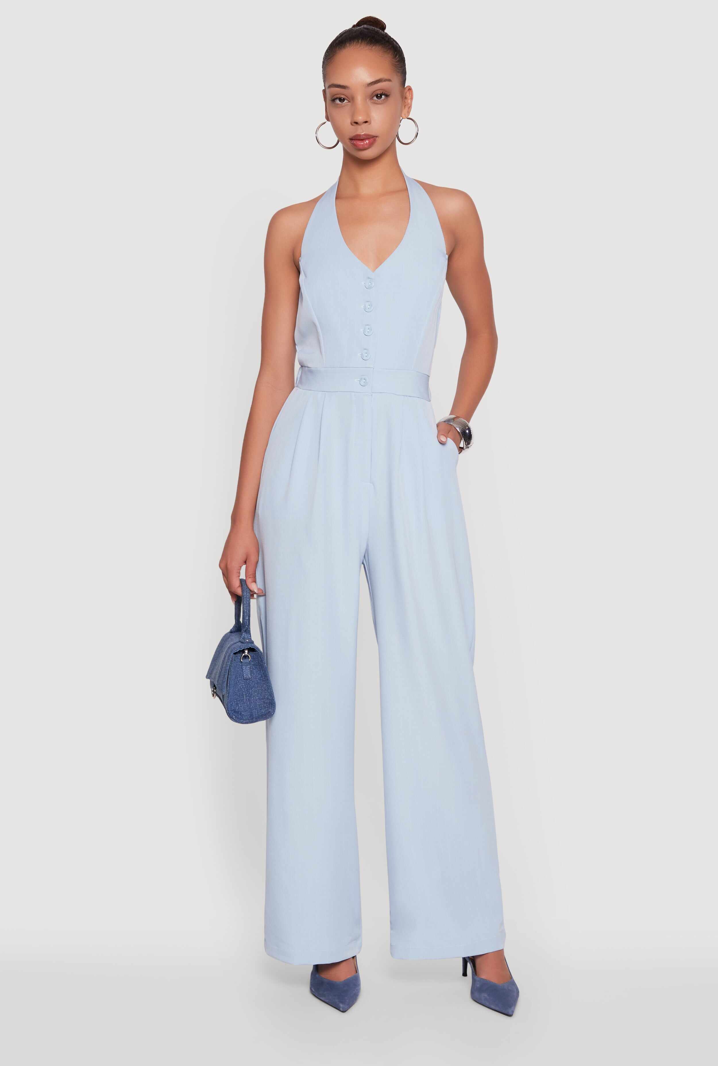 Pinstripe Button Front Halter Jumpsuit