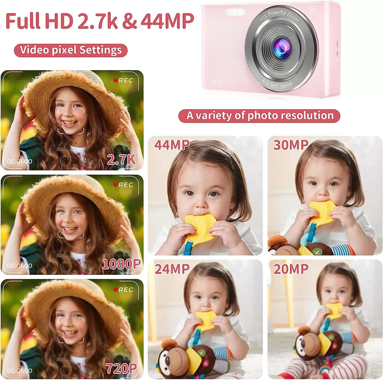 Saneen Digital Camera, FHD 2.7K Cameras for Photography, 44MP Kids Camera Small Compact Digital Camera for Teens, Adults & Beginners with 32GB SD Card, 16X Zoom, Two Rechargeable Batteries-Pink