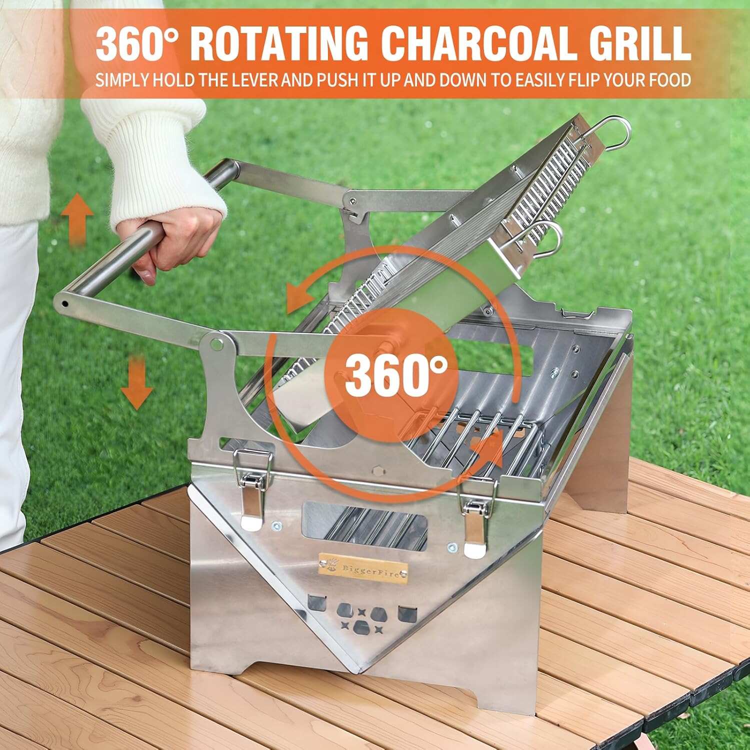 360° Rotating Barbecue Grill, Stainless Steel Flipping Barbecue Grills, Portable Camping Charcoal BBQ Grill Outdoor, Detachable Portable Charcoal Barbecue Grill for Picnic Yard Party
