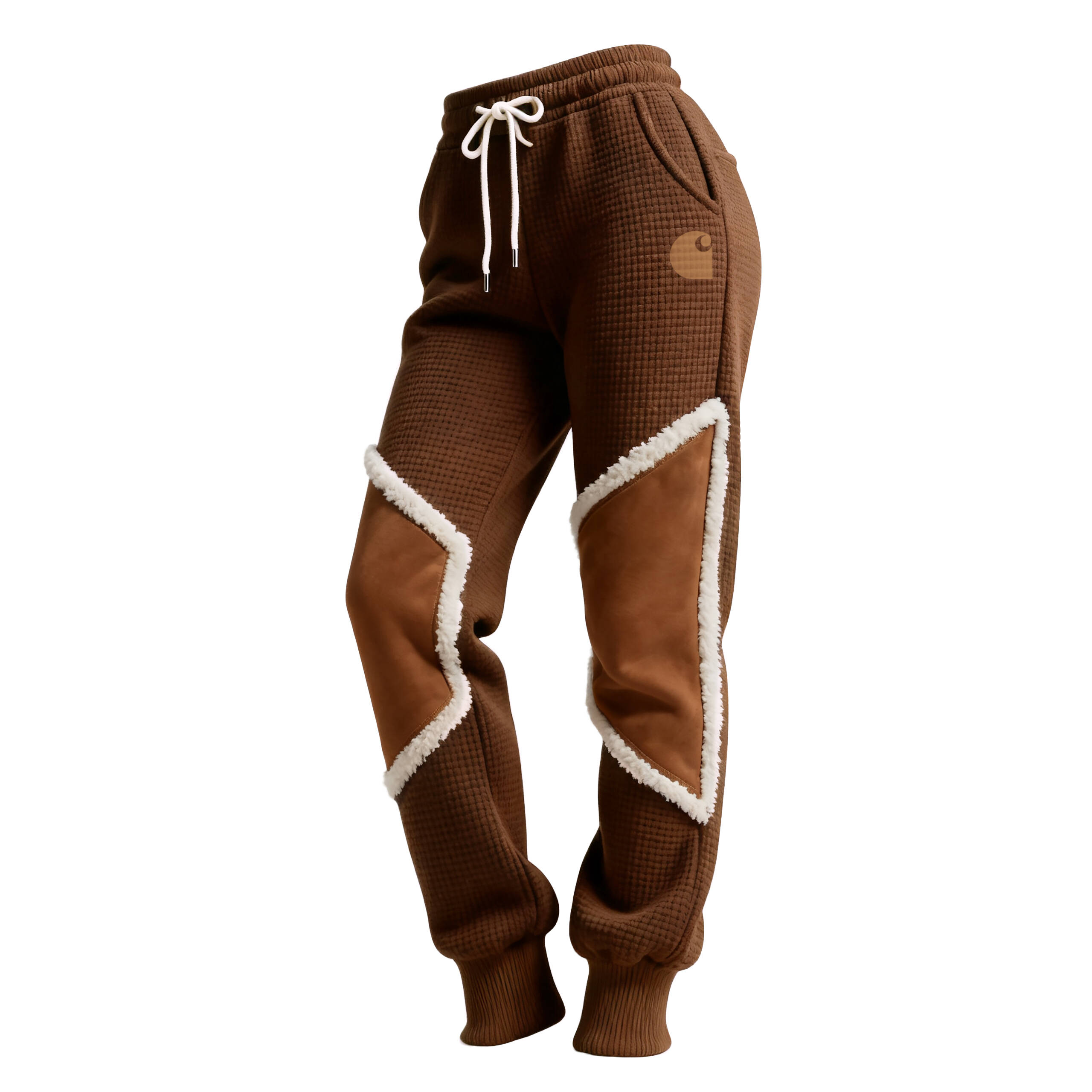 Women's Retro Western Waffle Contrast Suede Track Pants-Khaki