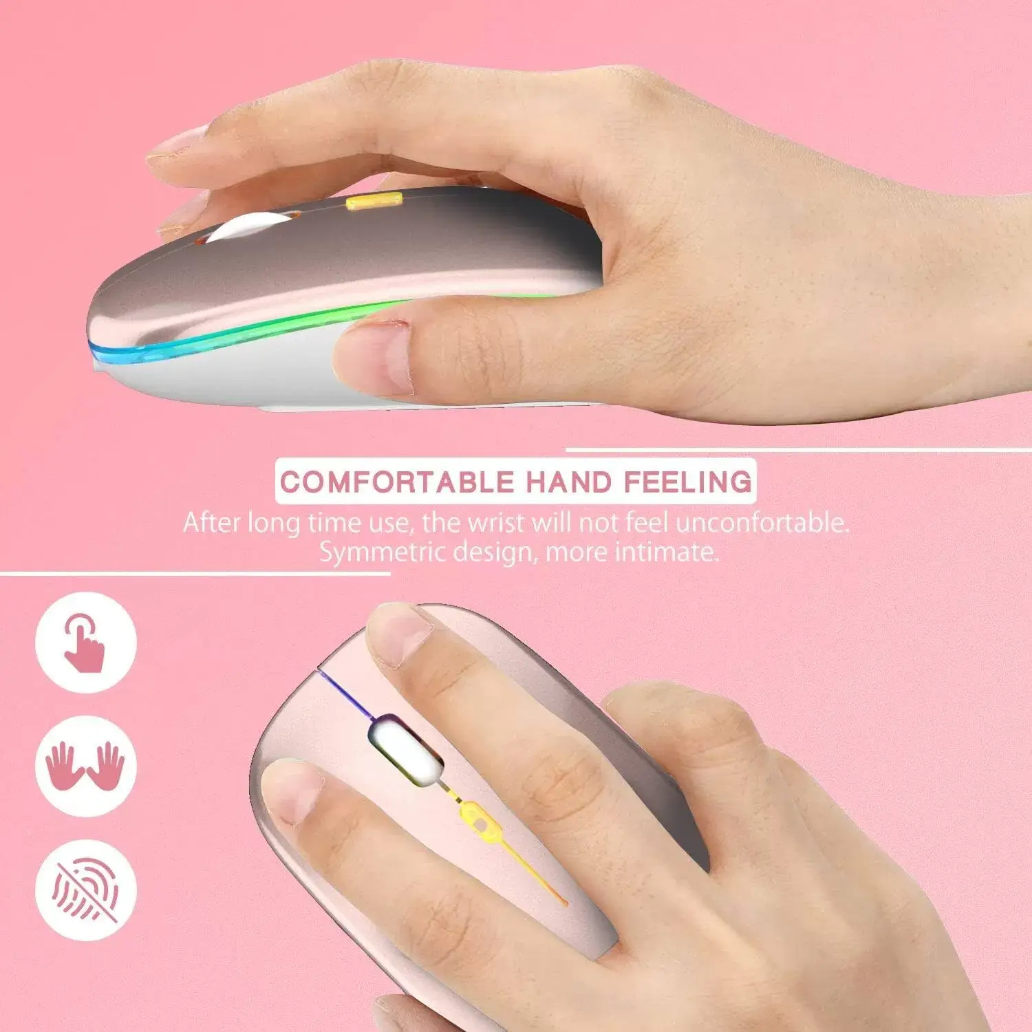 [Upgrade] LED Wireless Mouse, Slim Silent Mouse 2.4G Portable Mobile Optical Office Mouse with USB & Type-c Receiver, 3 Adjustable DPI Levels for Notebook, PC, Laptop, Computer, MacBook (Pink)
