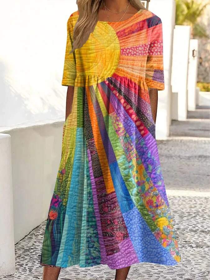 Women's Colorful Sunshine Print Pocket Cotton Dress