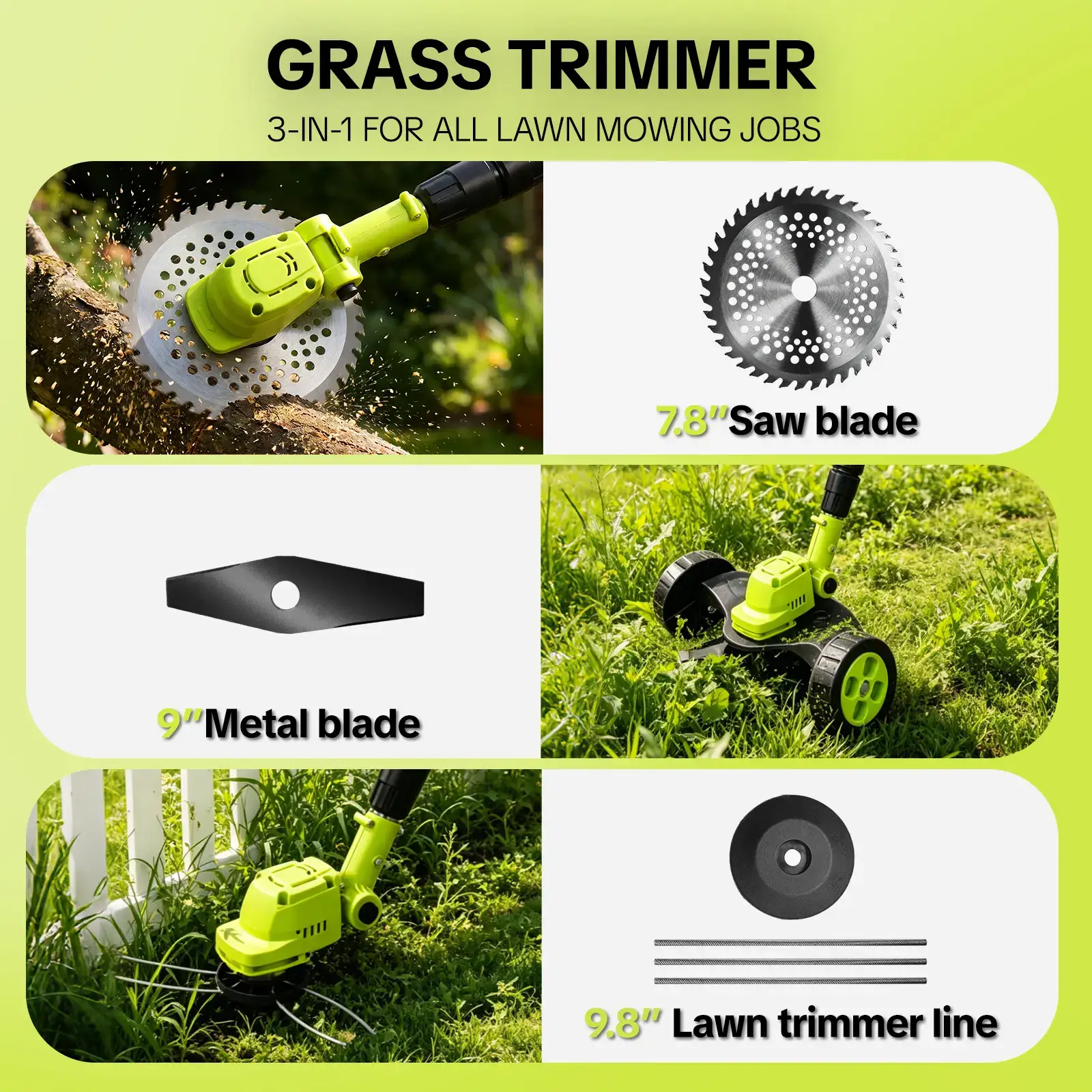 Cordless Lawn Mower, Garden Tool (Mower, Trimmer, Edger) with 2×21V Batteries, Lightweight for Small to Medium Backyards