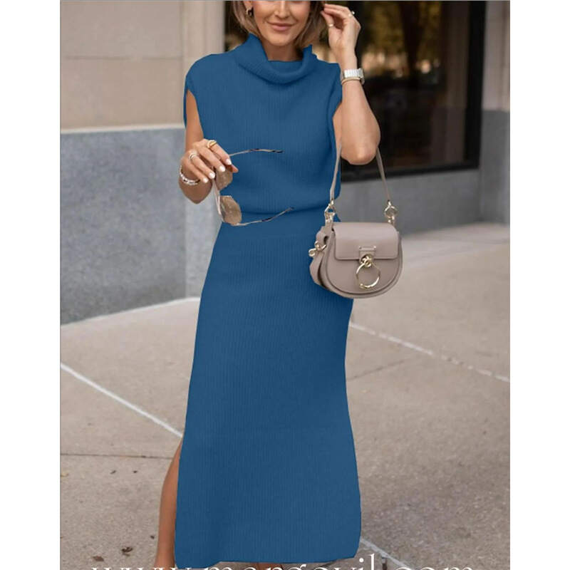 Temperament casual solid color sleeveless knitted top skirt two-piece set