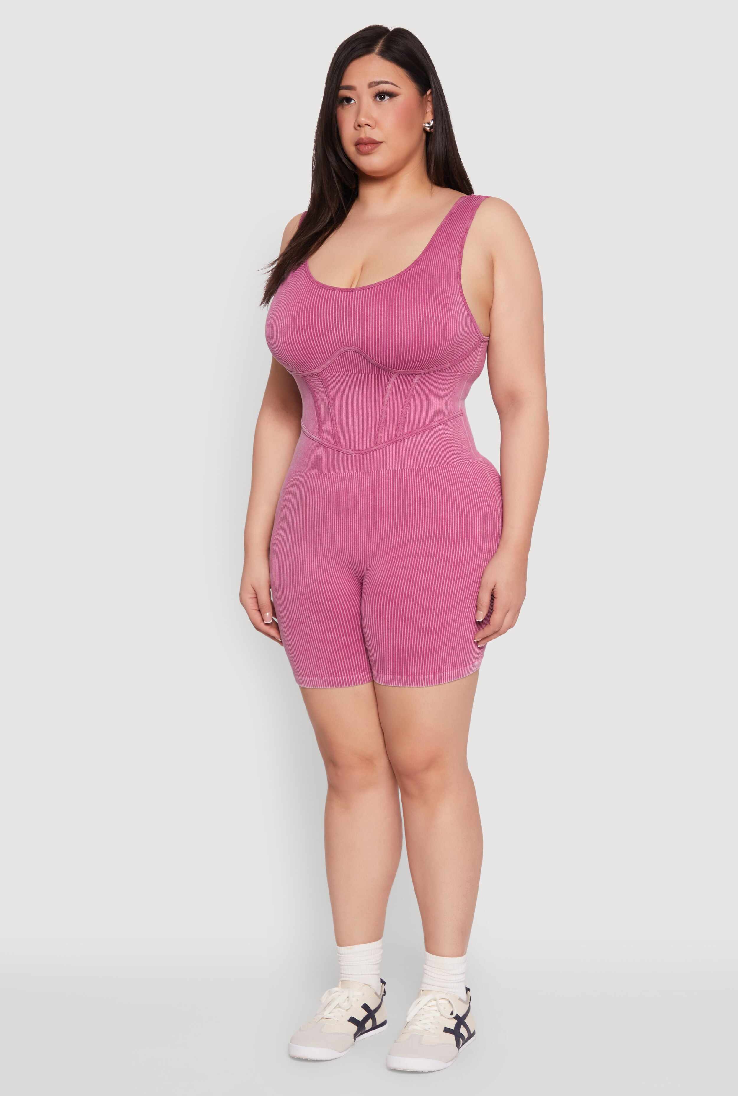 Plus Size Seamless Ribbed Corset Detail Biker Romper