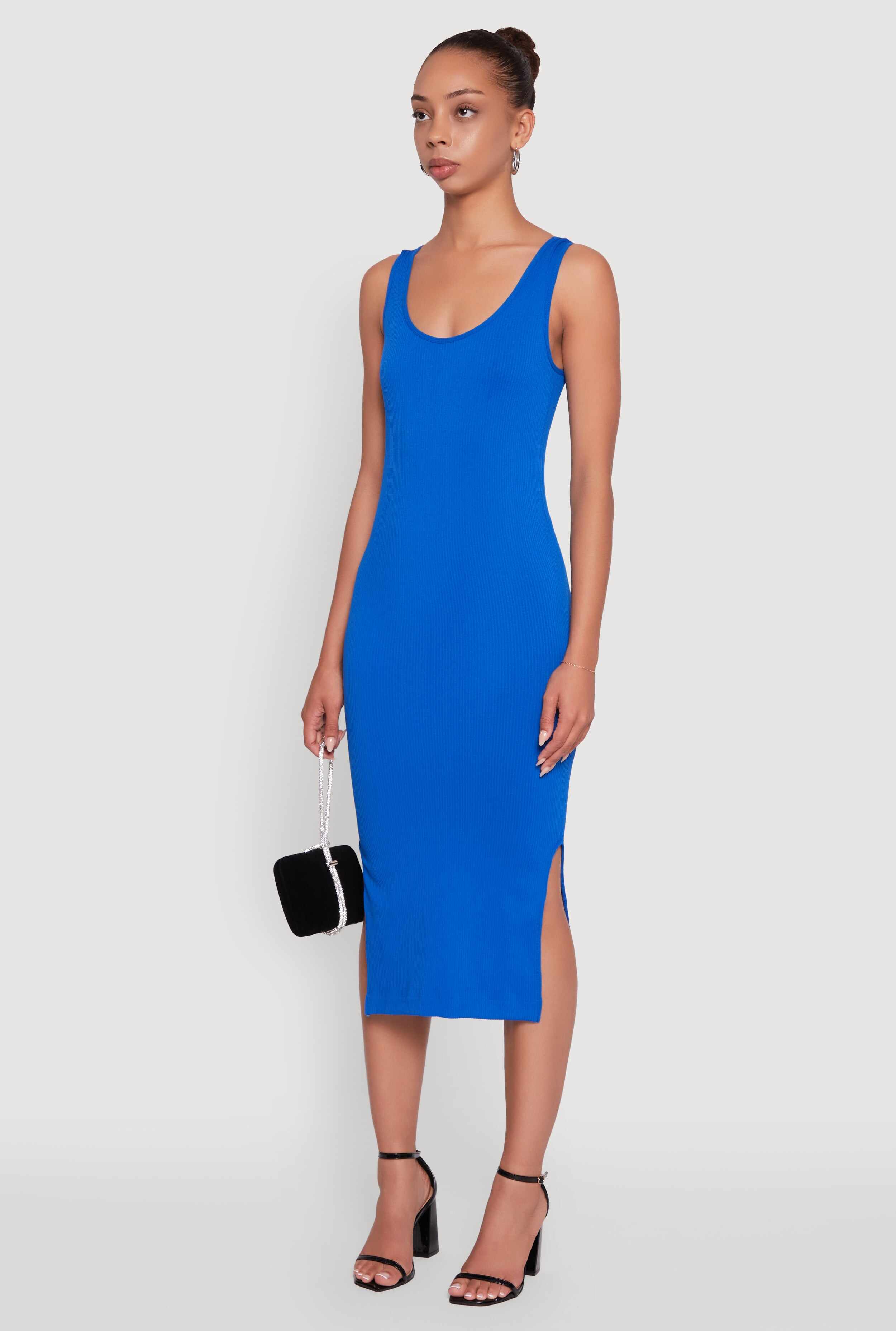 Rib Knit Scoop Neck Side Slit Tank Dress