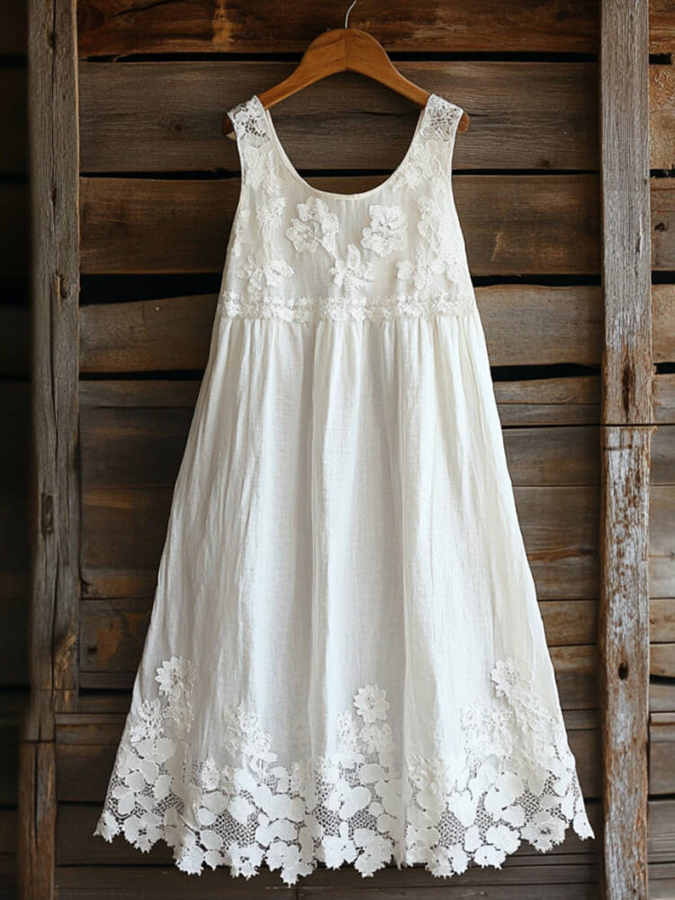 Vintage Floral Lace Art Linen Tank Dress
