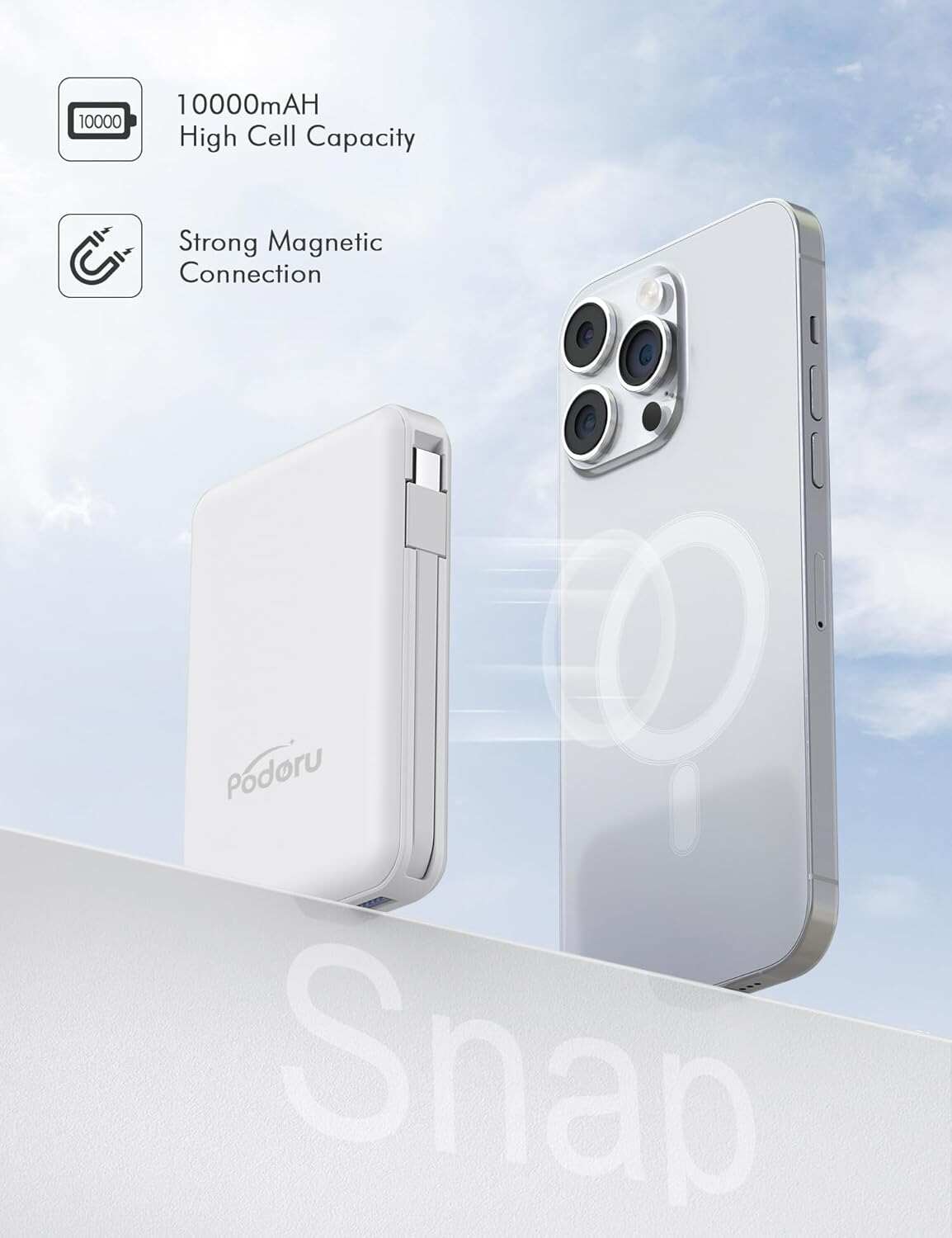 podoru Wireless Portable Charger, 10000mAh Magnetic Power Bank Built-in USB-C Lighting Cables 22.5W PD Fast Charging LED Display Mag-Safe Battery Pack for iPhone 15/14/13/12/Mini/Pro/Pro Max - White