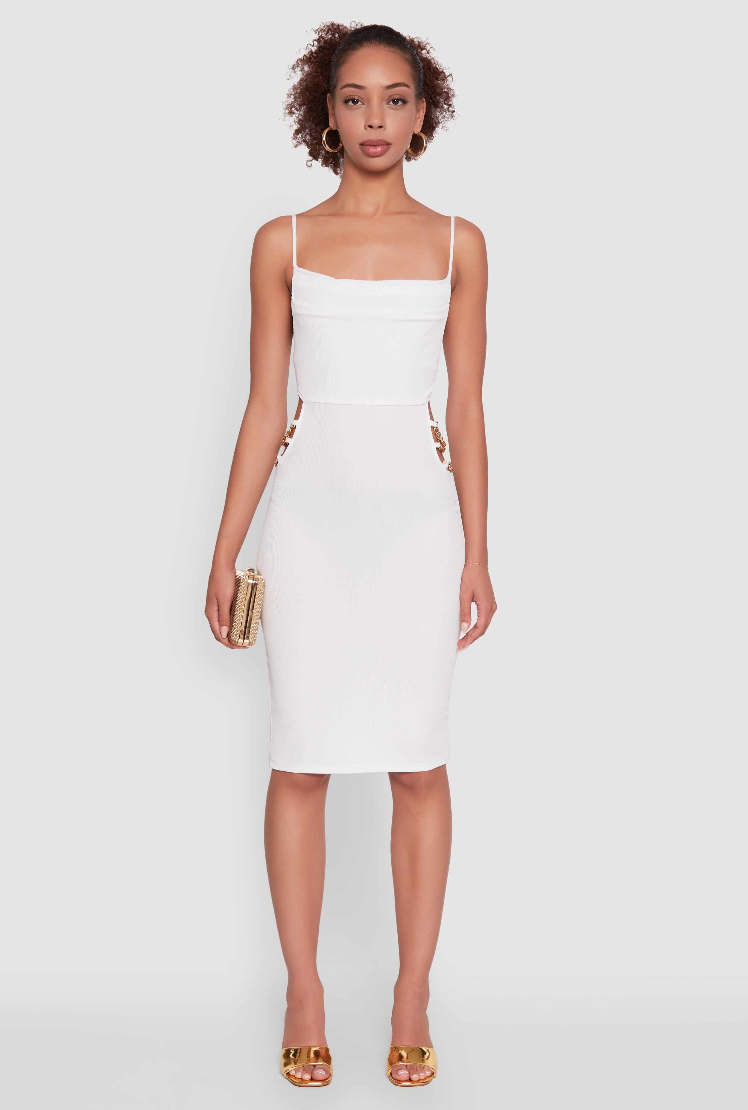 Rib Knit Caged Side Midi Dress with Ornamental Chains