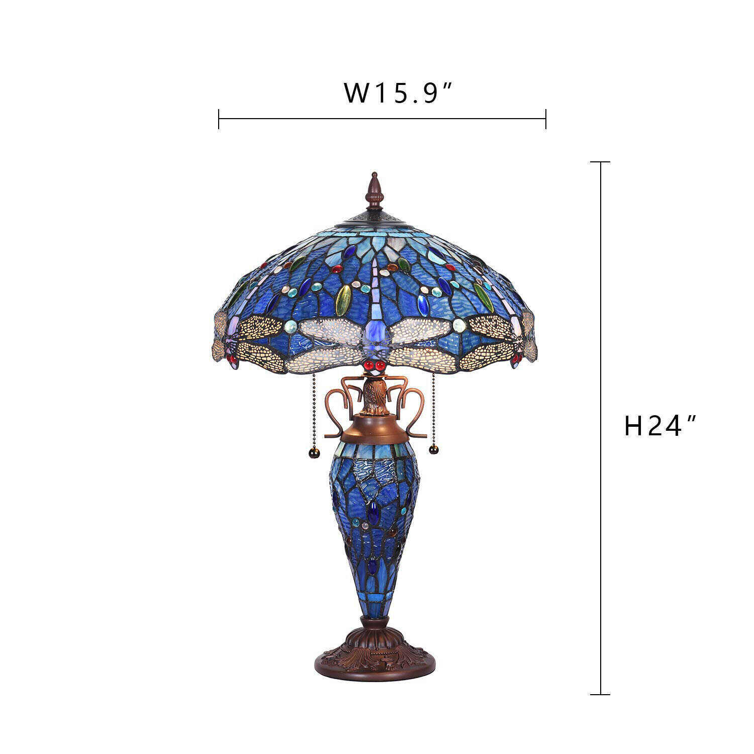 Dragonfly Style Tiffany Large Table Lamp 3-Light With Nightlight Rustic Antique Desk Light