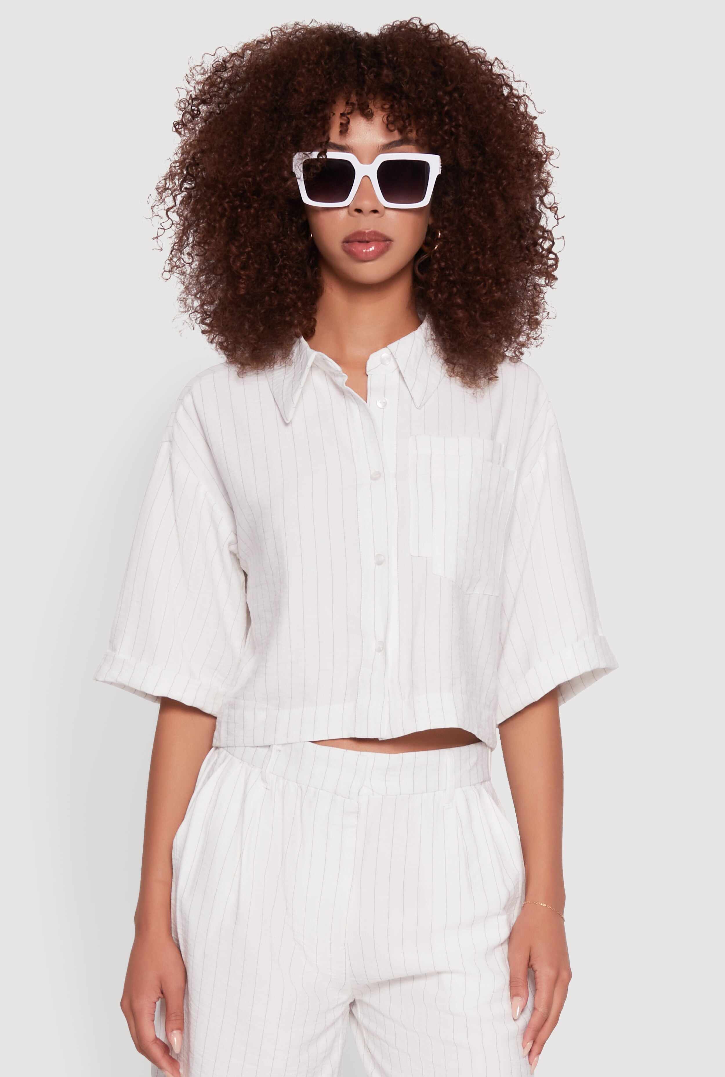 Pinstripe Cropped Button Front Shirt