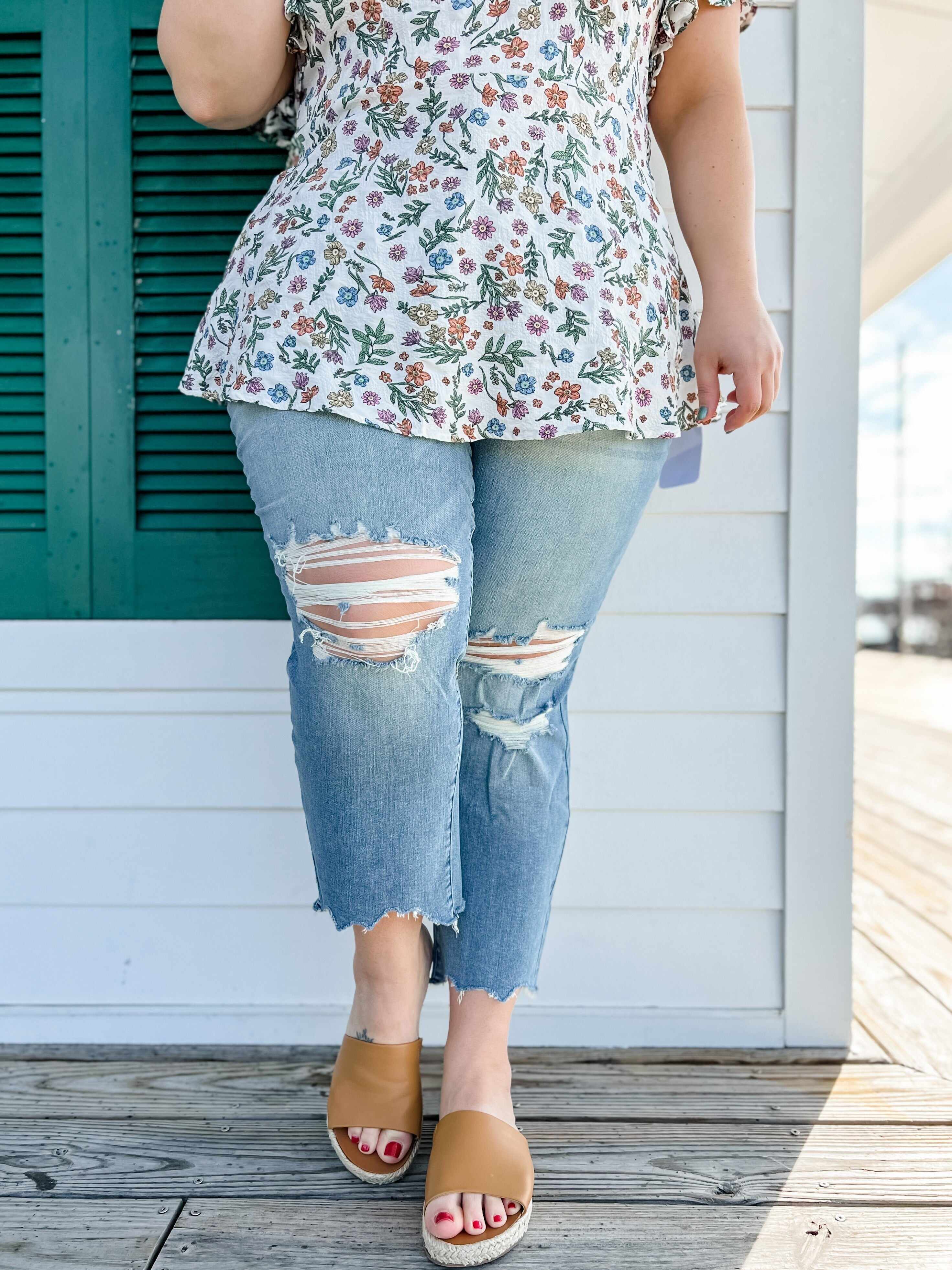 🔥Hot Sales🔥Look At Me Now Medium Wash Mid Rise Distressed Cropped Straight Leg Jeans