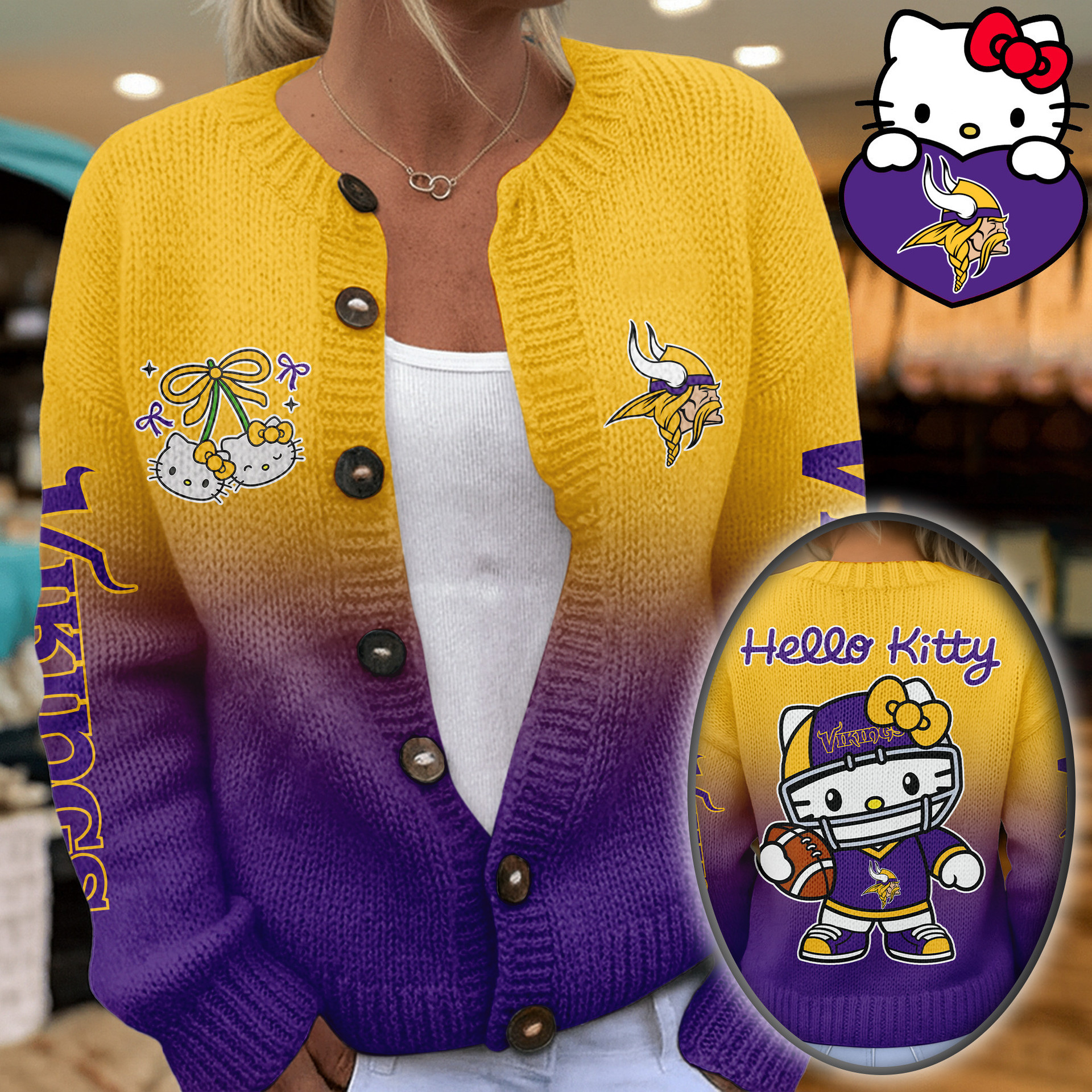 Minnesota Vikings | Premium NFL Hello Kitty Cozy Knit Cardigan TD