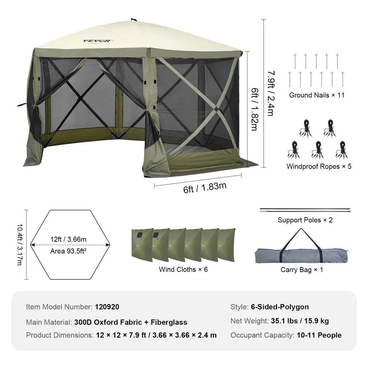 Camping Gazebo Screen Tent, 12*12ft, 6 Sided Pop-up Canopy Shelter Tent with Mesh Windows, Portable Carry Bag, Stakes, Large Shade Tents for Outdoor Camping, Lawn and Backyard, Brown/Beige