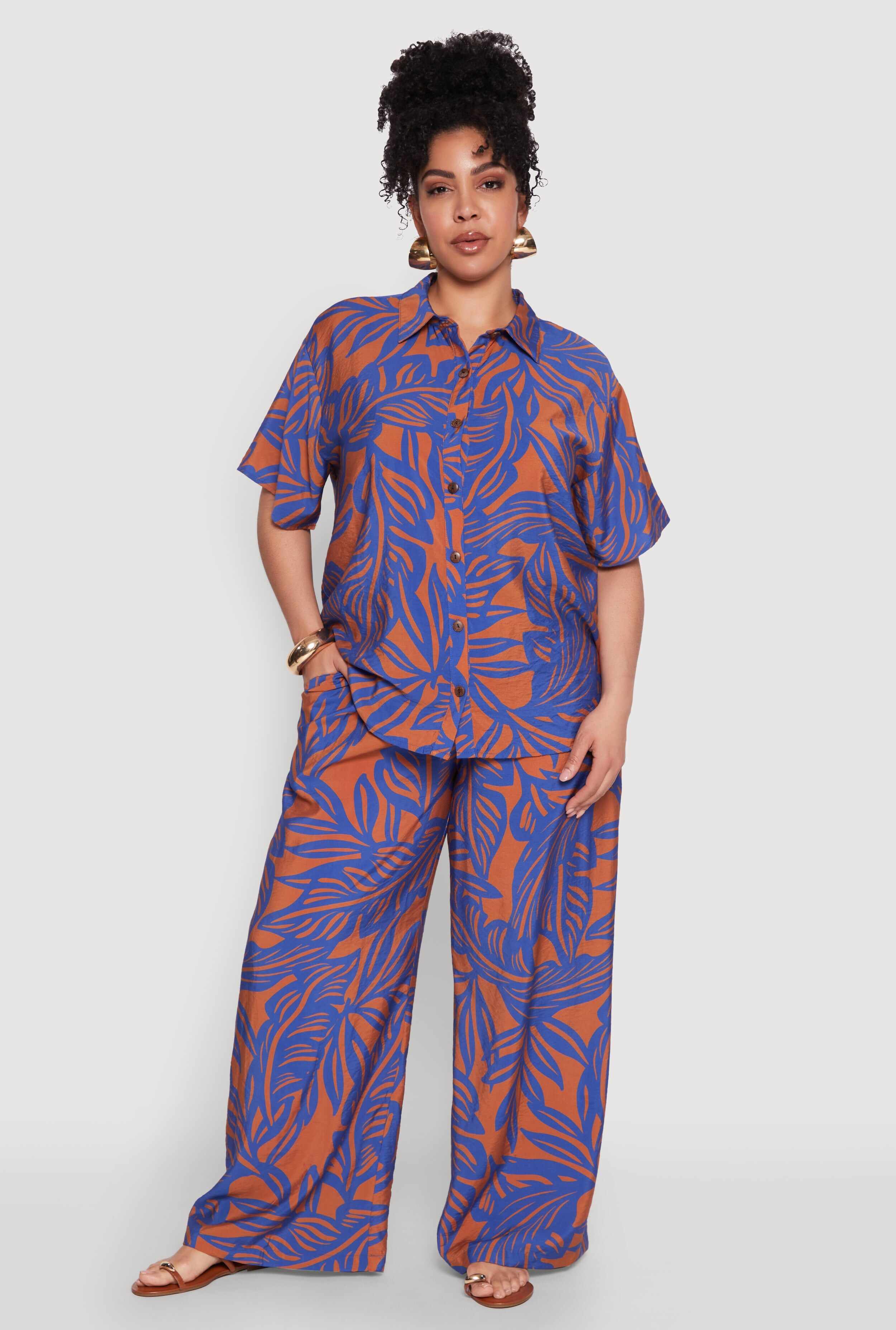 Plus Size Leaf Print Blouse