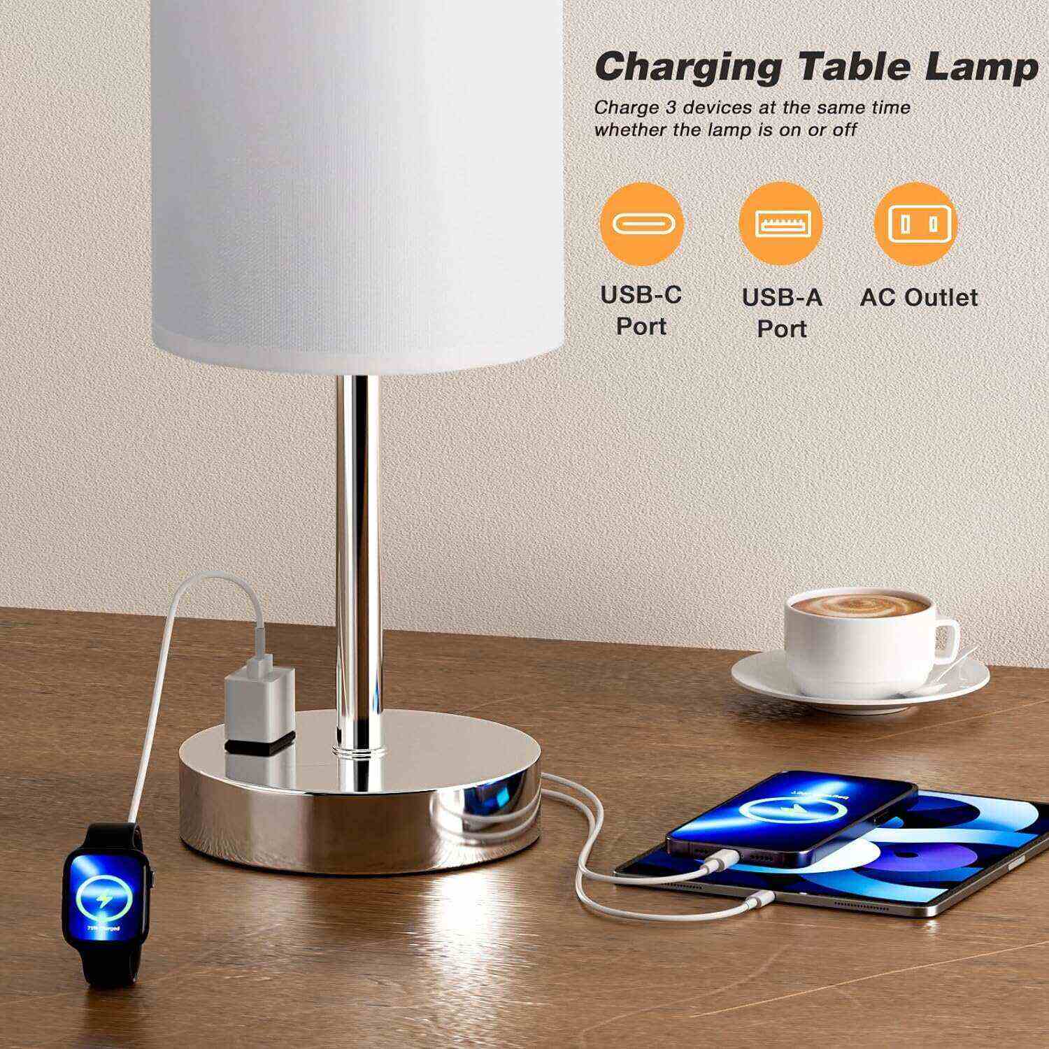 Bedside Table Lamp for Bedroom - 3 Way Dimmable Touch Lamp USB C Charging Ports and AC Outlet, Small Lamp Wood Base Round Flaxen Fabric Shade for Living Room, Desk, LED Bulb Included