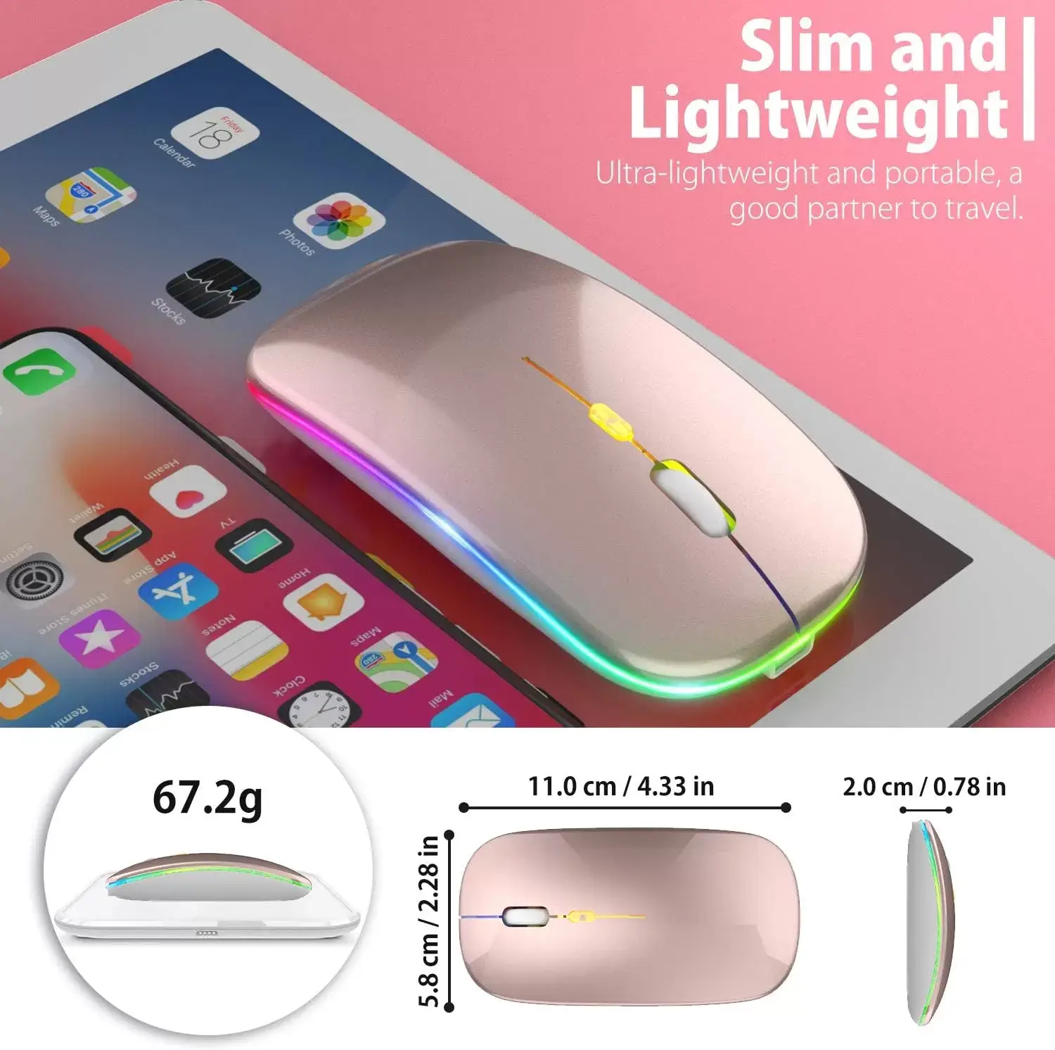 [Upgrade] LED Wireless Mouse, Slim Silent Mouse 2.4G Portable Mobile Optical Office Mouse with USB & Type-c Receiver, 3 Adjustable DPI Levels for Notebook, PC, Laptop, Computer, MacBook (Pink)