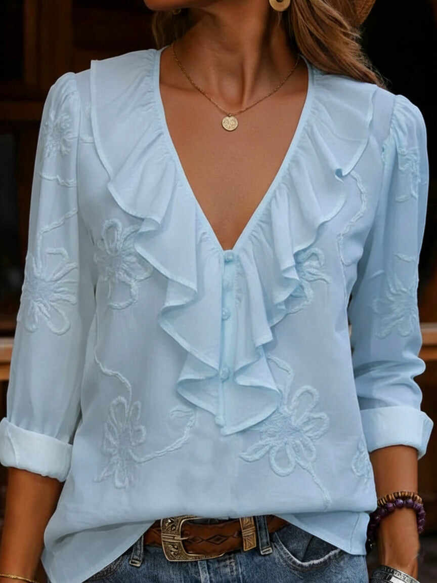 🔥Summer Arrivals🌟Vintage ruffled V-neck shirt with embroidered flowers