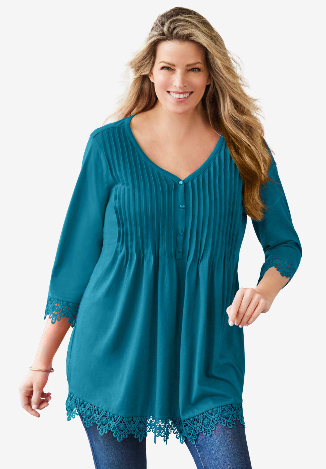 Pintuck Henley Crochet Trim Tunic