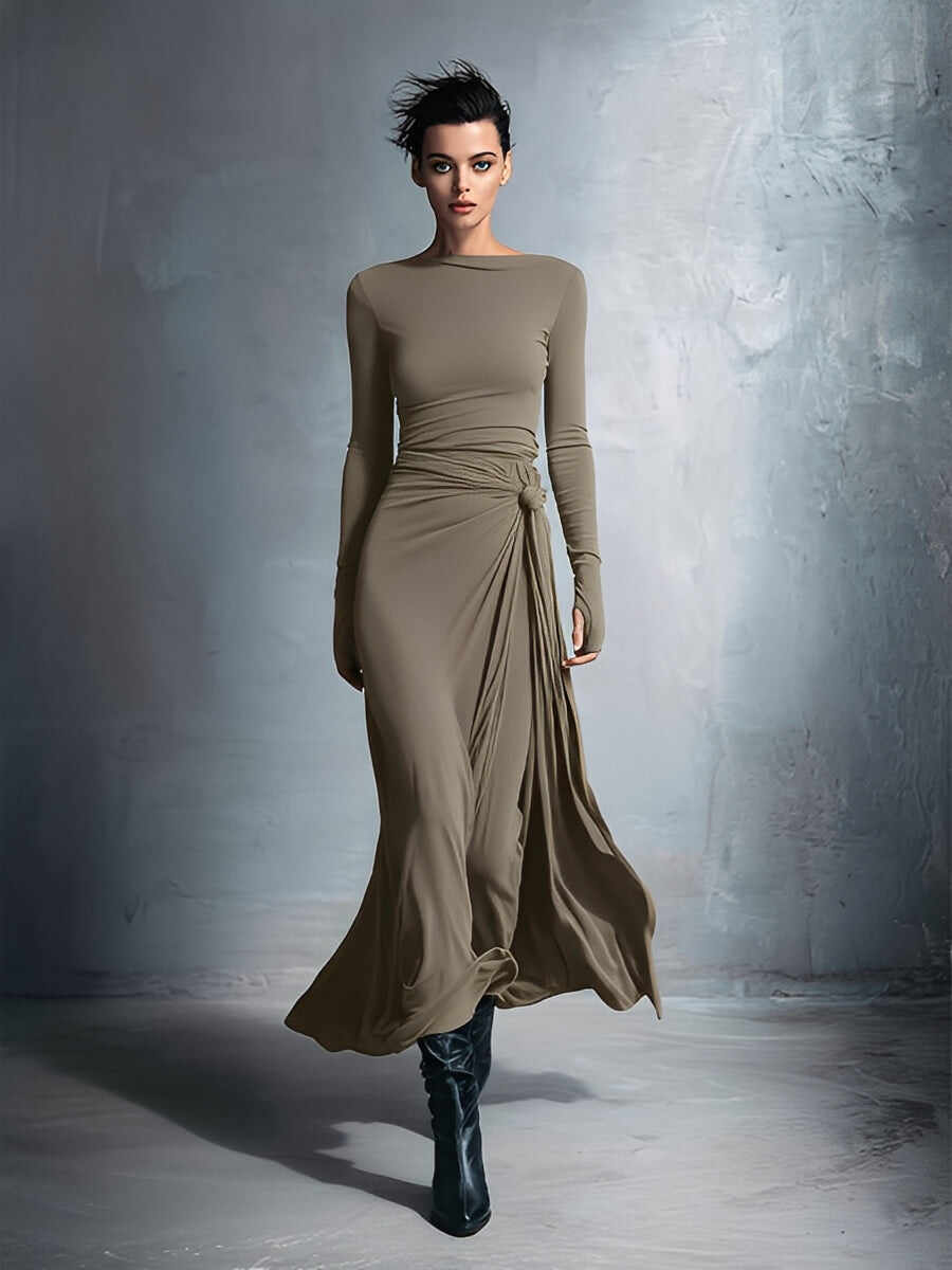 Women's Gray Exquisite Stretch Polyester-Cotton Blend Wrap Dress - Knotted Maxi Dress