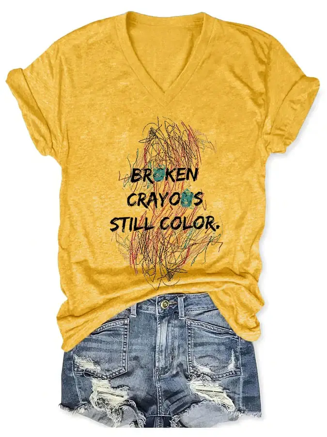 V-neck Retro Broken Crayons Still Color Print T-Shirt