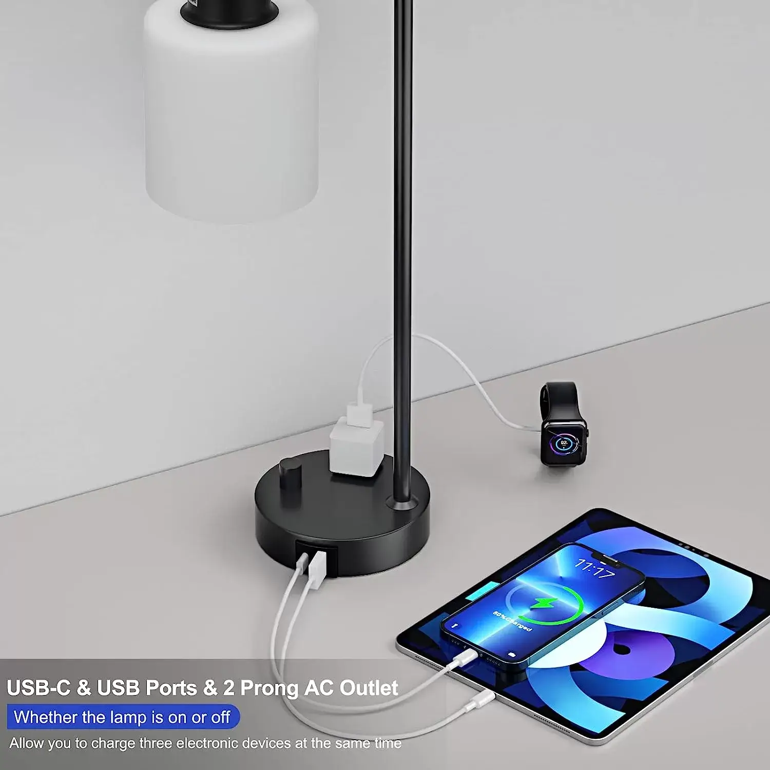 Industrial Bedside Table Lamp for Bedroom - Nightstand Lamps with USB C Charging Port, Fully Dimmable Black Lamps with USB Ports and Outlets, Small Desk Lamp with Glass Shade for Office Living Room