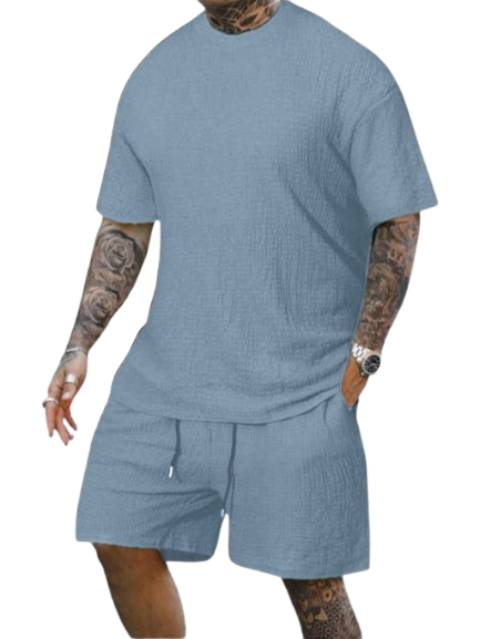 8 Pack-Men's Solid Textured Round Neck Tee & Drawstring Waist Shorts
