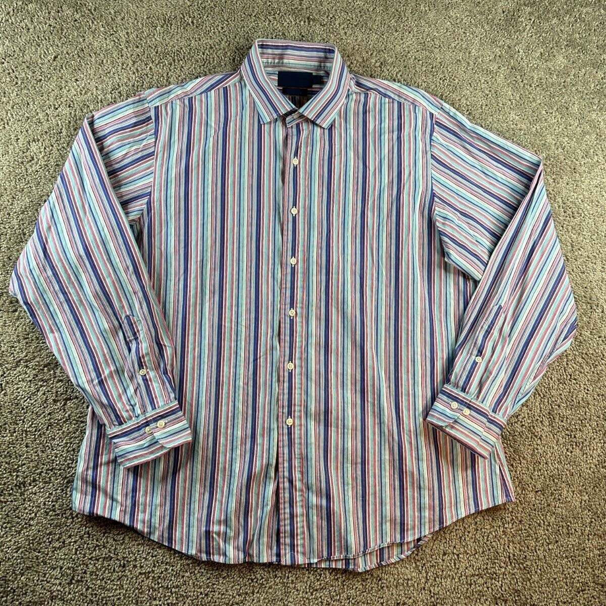 Men's Casual Western White Blue Striped Long Sleeve Shirt