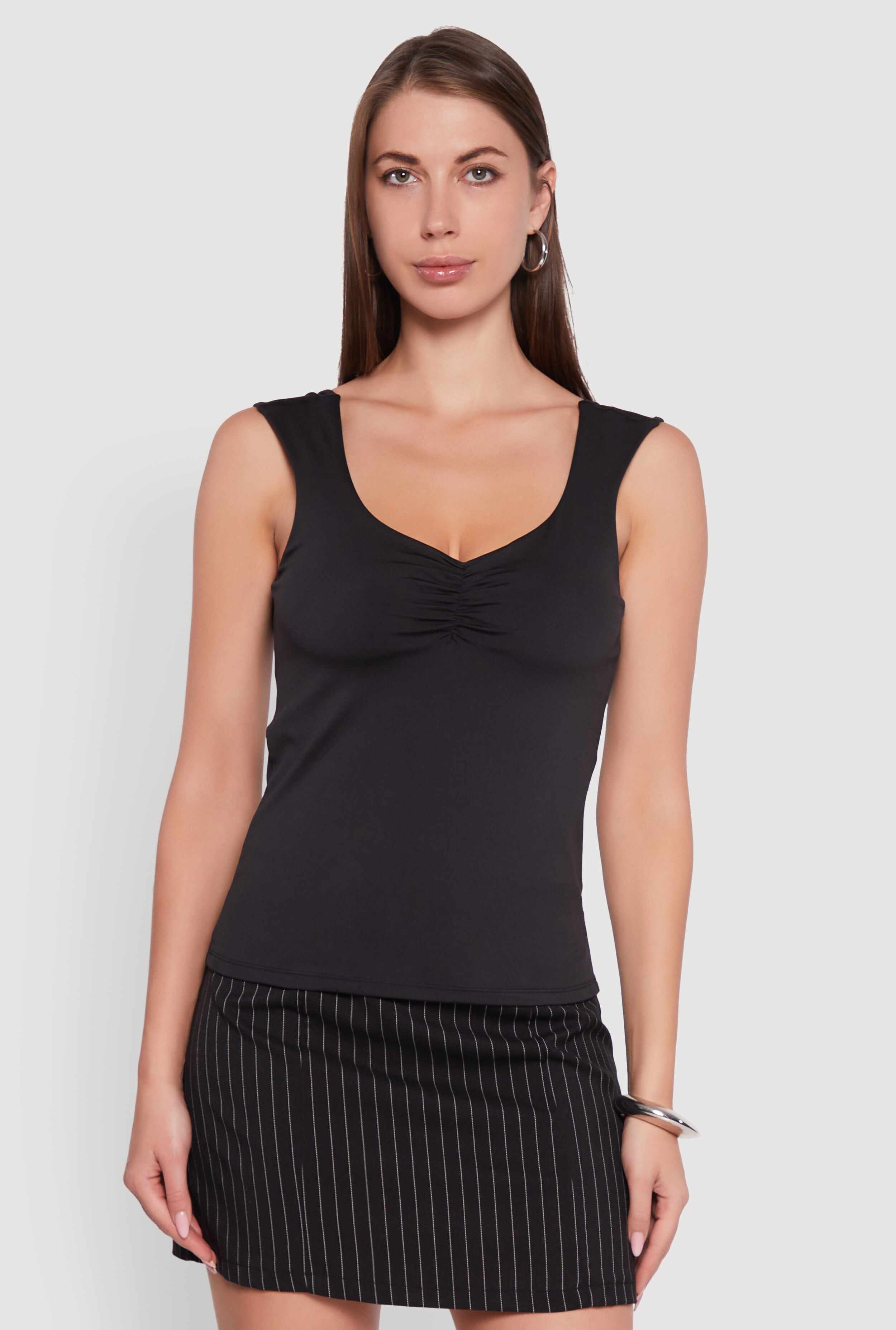 Ruched V Neck Tank Top with Shelf Bra