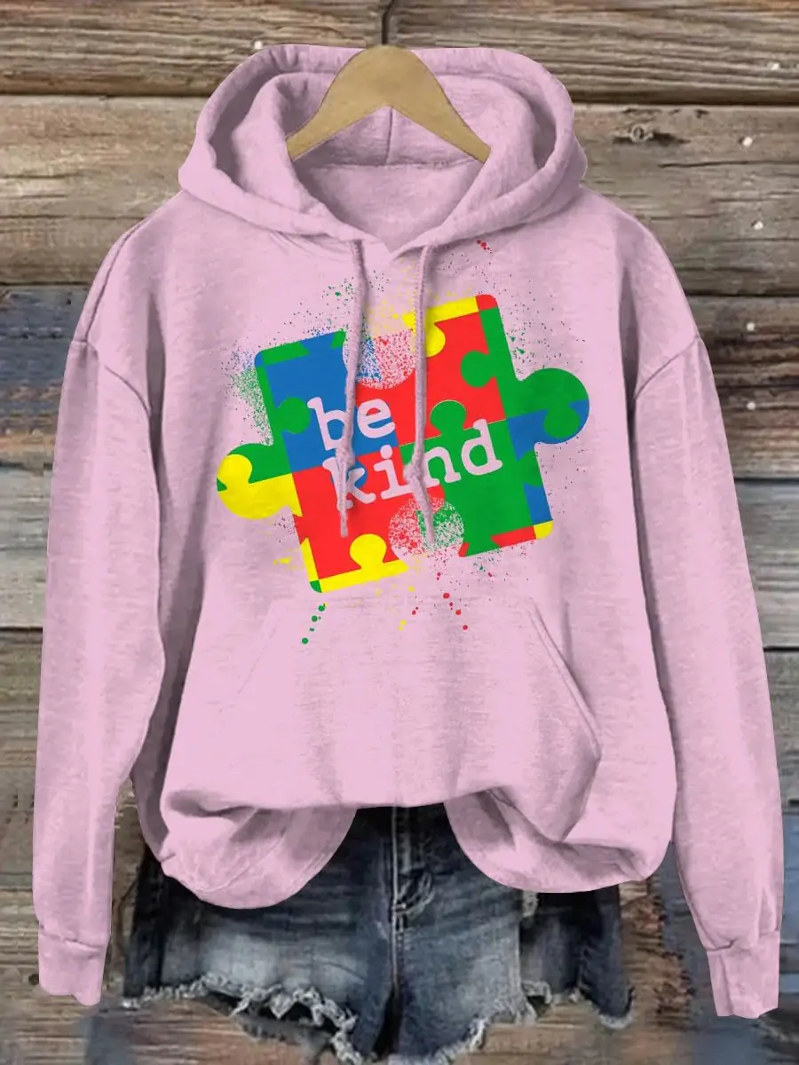 Be Kind Puzzle Piece Splatter Autism Awareness Print Casual Hoodie