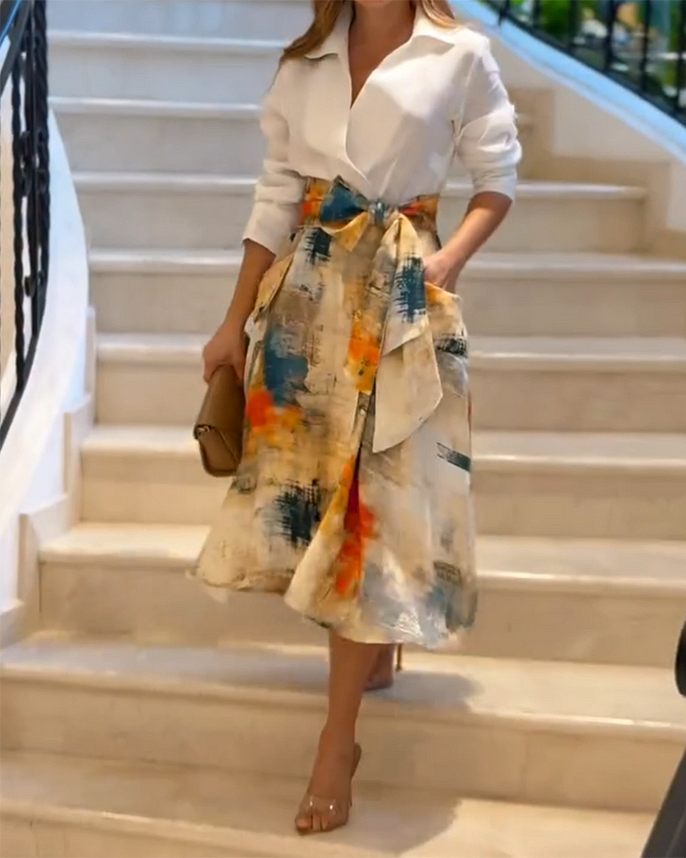 Two-piece Set with Lapel Long-sleeved Top and Tie-strap Printed Skirt