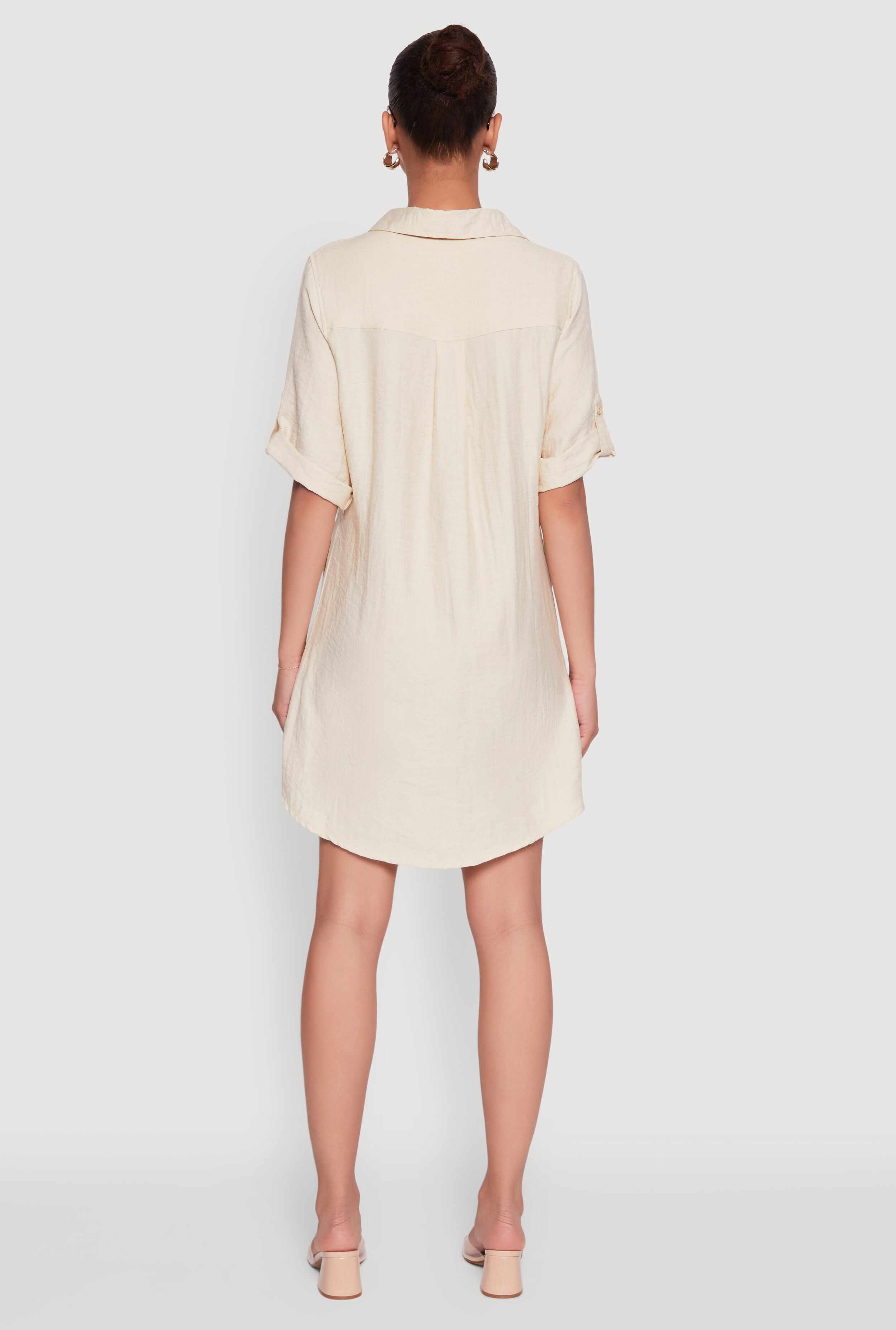 Trendy Linen Shirt Dress with Short Sleeves and Collared Neck