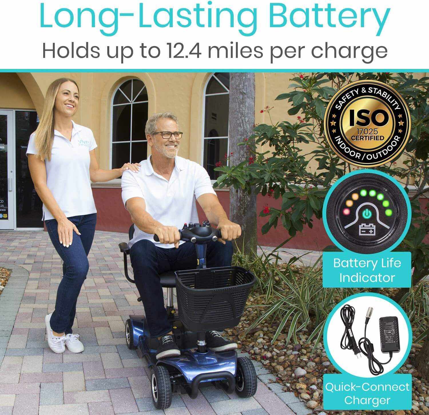 Vive 4 Wheel Mobility Scooter - Electric Powered Wheelchair Device - Compact Heavy Duty Mobile for Travel, Adults, Elderly - Long Range Power Extended Battery with Charger and Basket Included