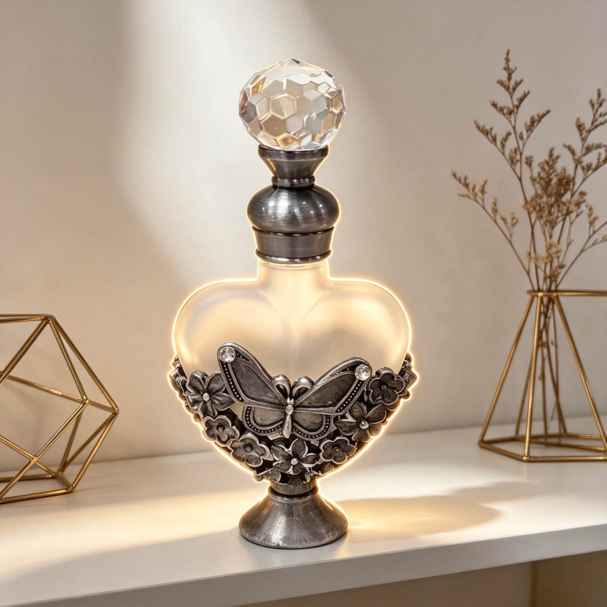 Vintage Antique Silver Butterfly Heart Perfume Bottle