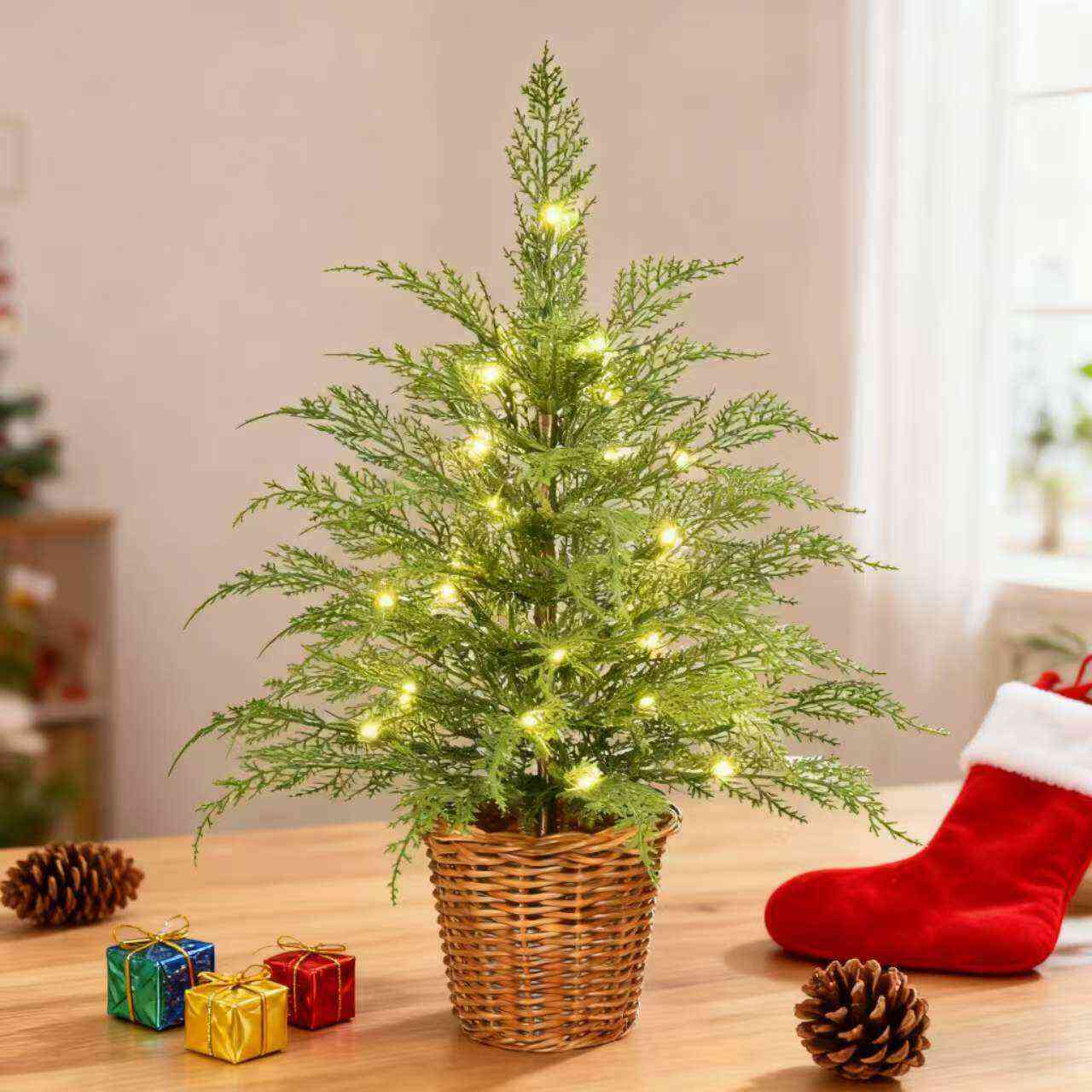 🎄Early Christmas Sale🔥24''  Pre-Lit Green Cypress Artificial Christmas Tree With Woven Basket