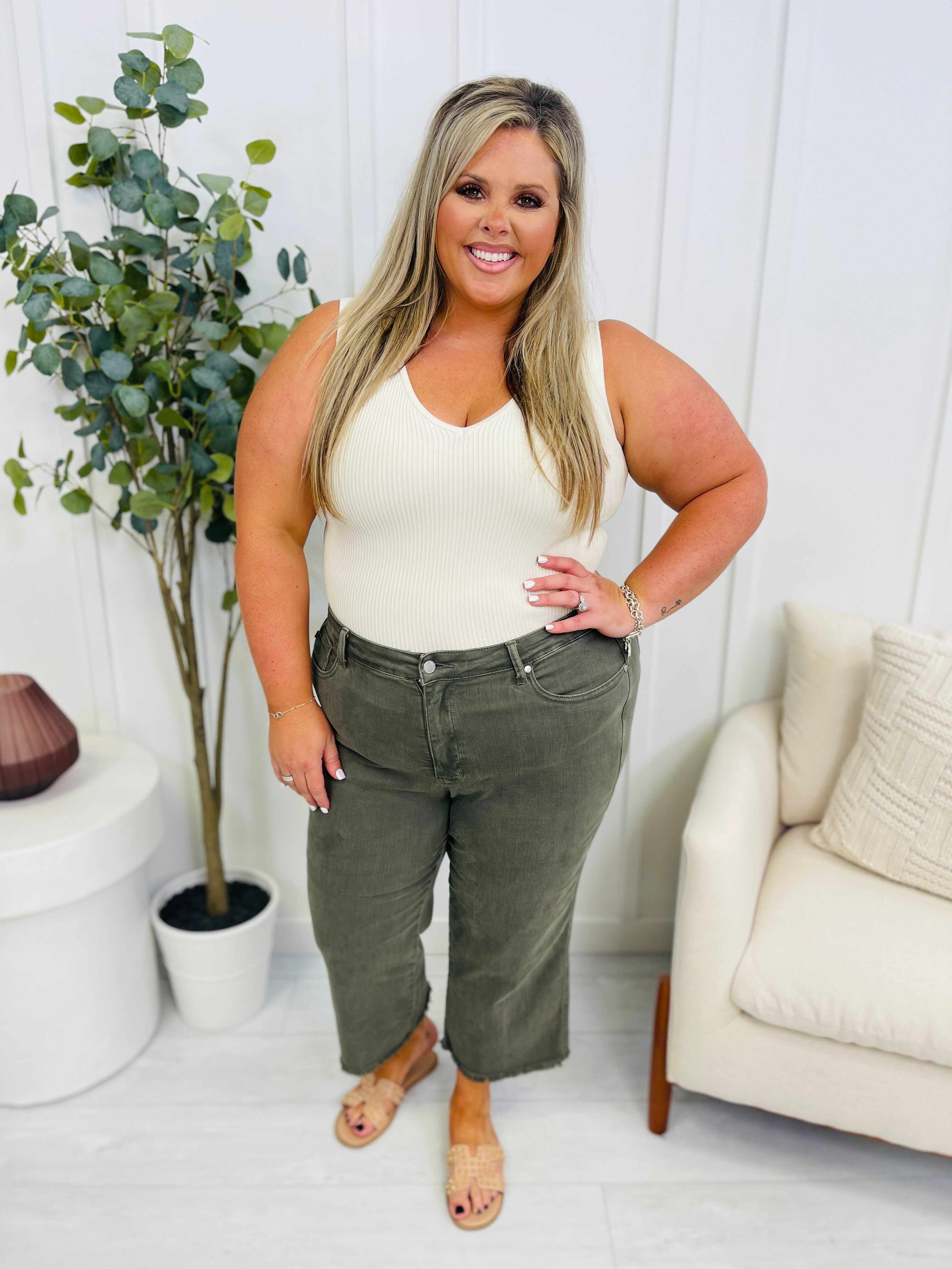 REG/CURVY Olive You Tummy Control Garment Dyed Wide Leg Cropped Jeans