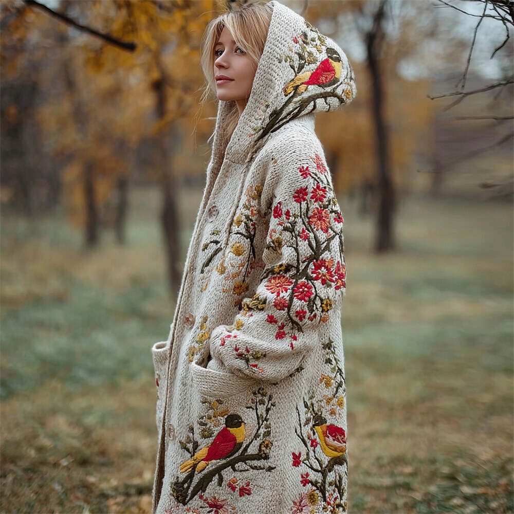 Vintage Bird & Flower Embroidery Women's Knit Hooded Cardigan