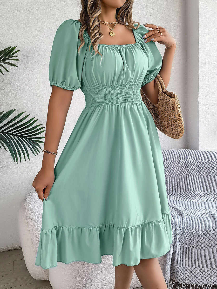 🔥Summer Arrivals🌟Women's Casual Solid Color Square Neck Short Sleeve Dress