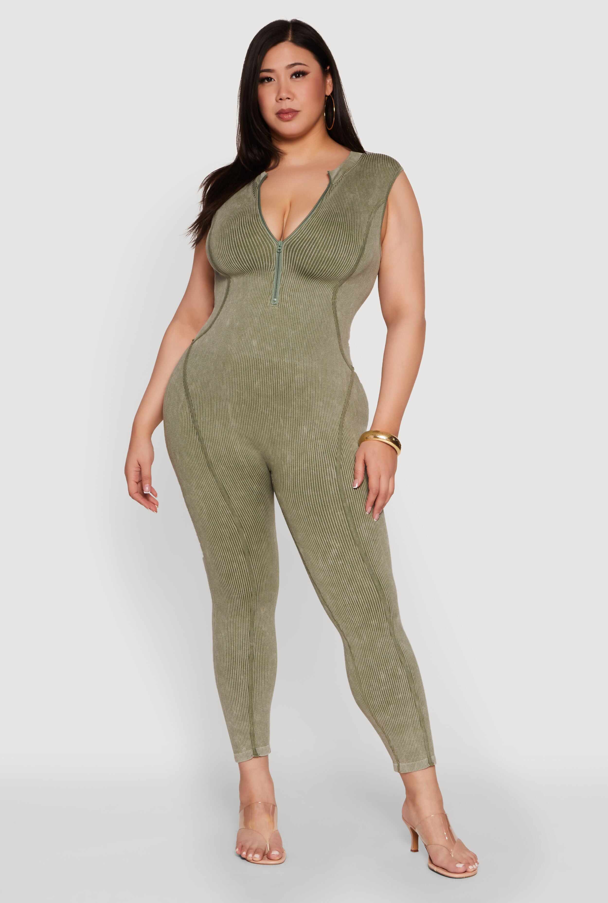 Seamless Ribbed Knit Sleeveless Jumpsuit with Zip Neck