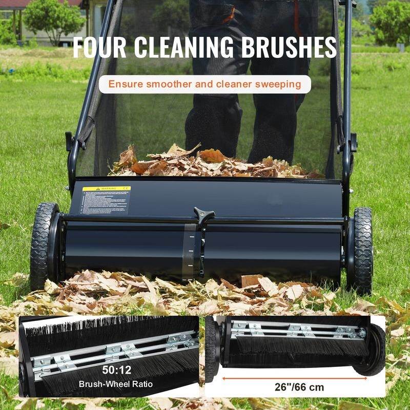 【Flash Sale】Push Lawn Sweeper, TikTokShopBlackFriday, 26 Inch Leaf & Grass Collector, Strong Rubber Wheels & Heavy Duty Thickened Steel Durable to Use with Large Capacity 7 ft³ Mesh Collection Bag, 4 Spinning Brushes