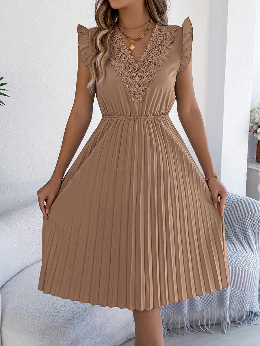 🔥Summer Arrivals🌟Women's Casual Lace V-neck Ruffled Pleated Dress