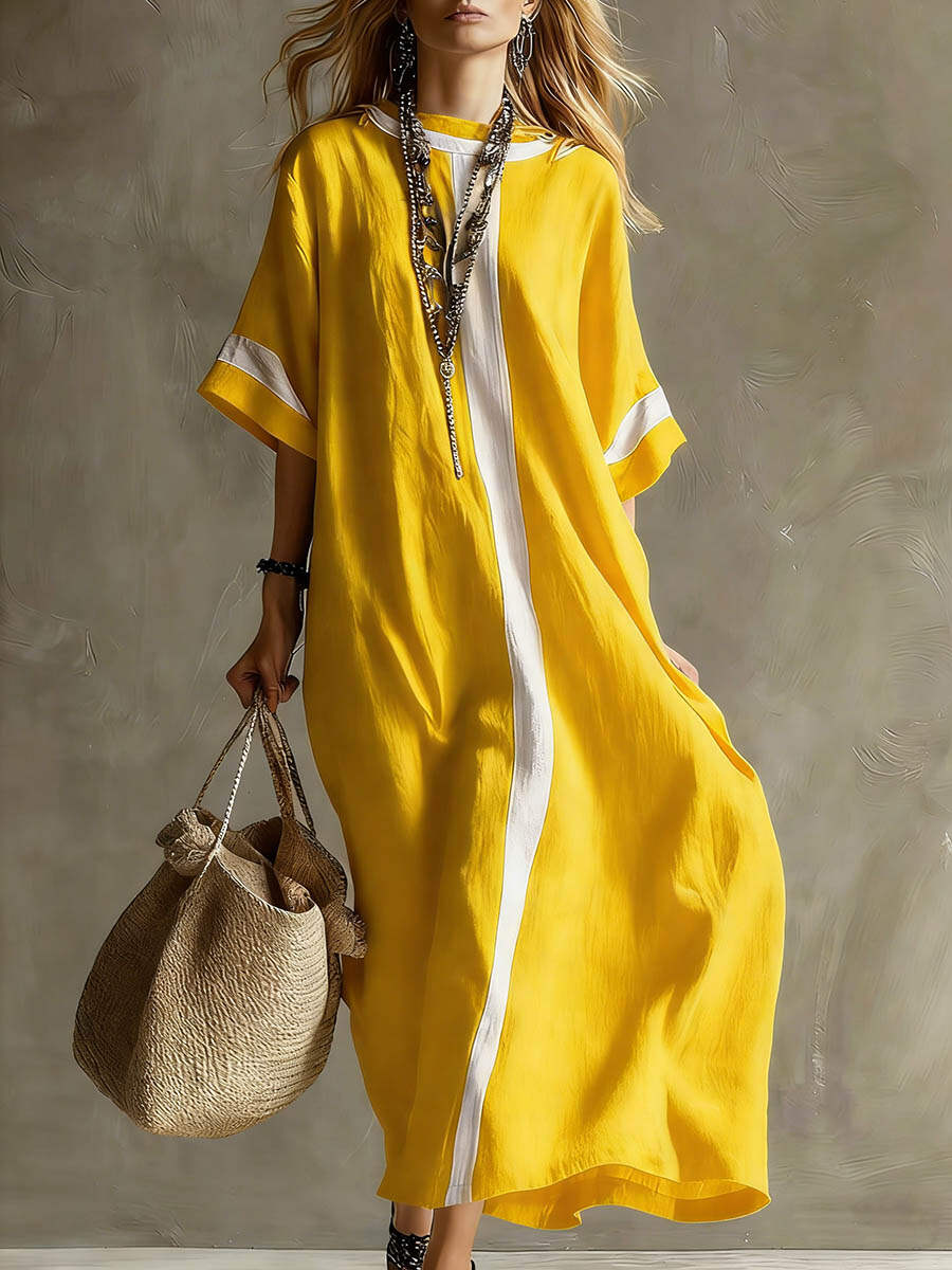 🔥Summer Arrivals🌟Women's Round Neck 3/4 Sleeve Casual Loose Cotton And Linen Dress