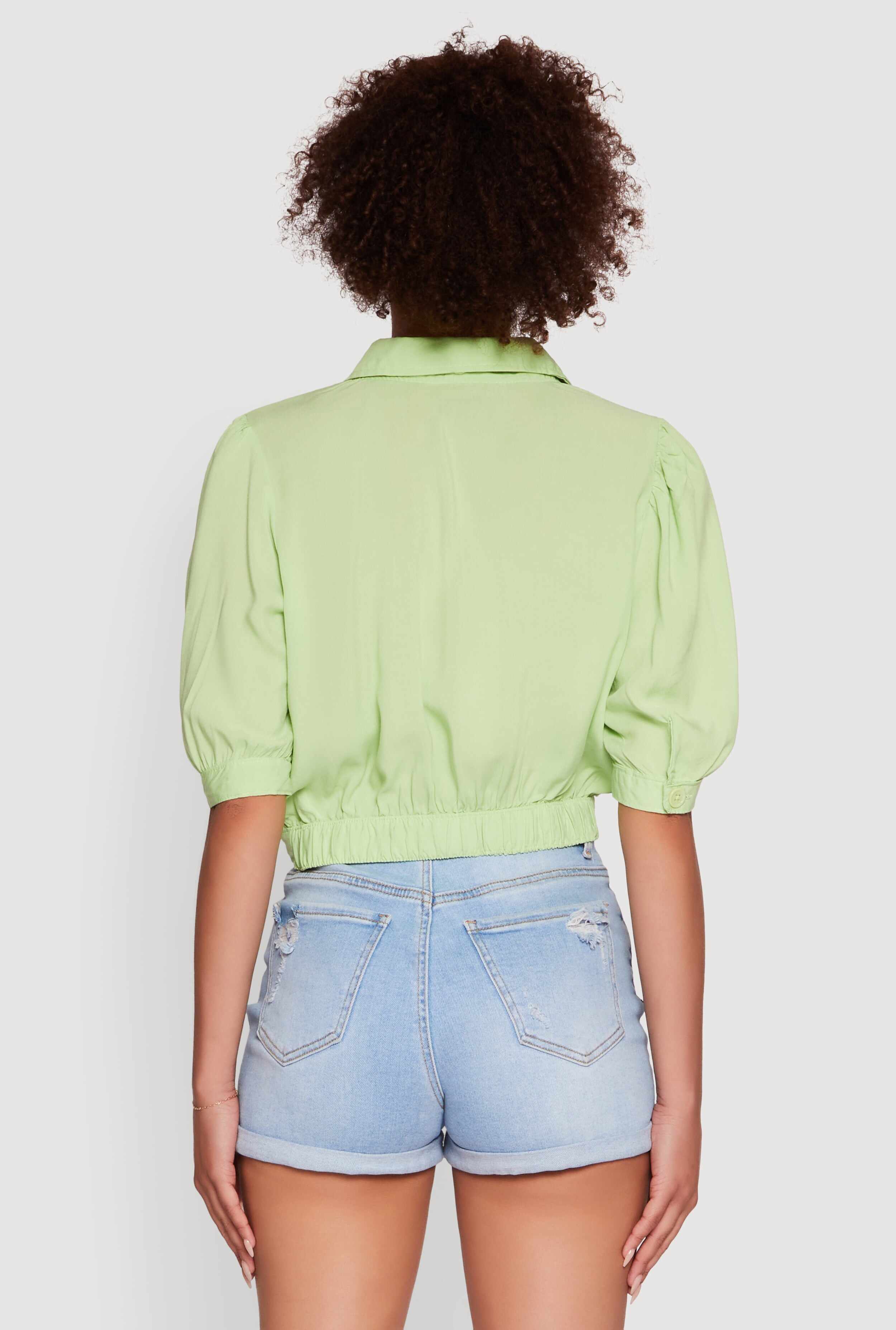 Tie Front Bubble Sleeve Cropped Blouse