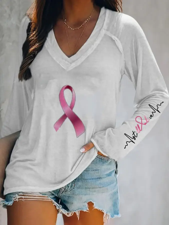 Breast Cancer V Neck Long Sleeve Casual T-Shirt