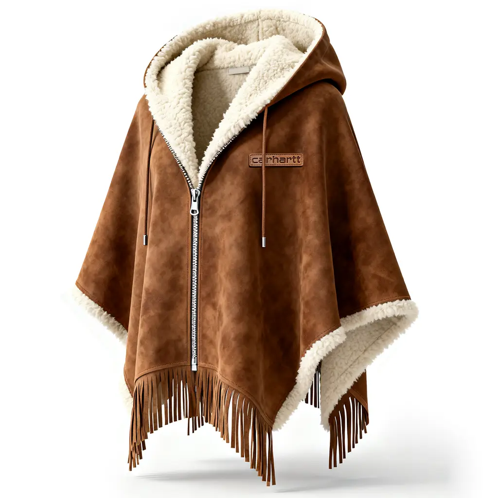 Carhartt Women's Brown Faux Suede Hooded Cape With Shearling Lining And Fringe Details